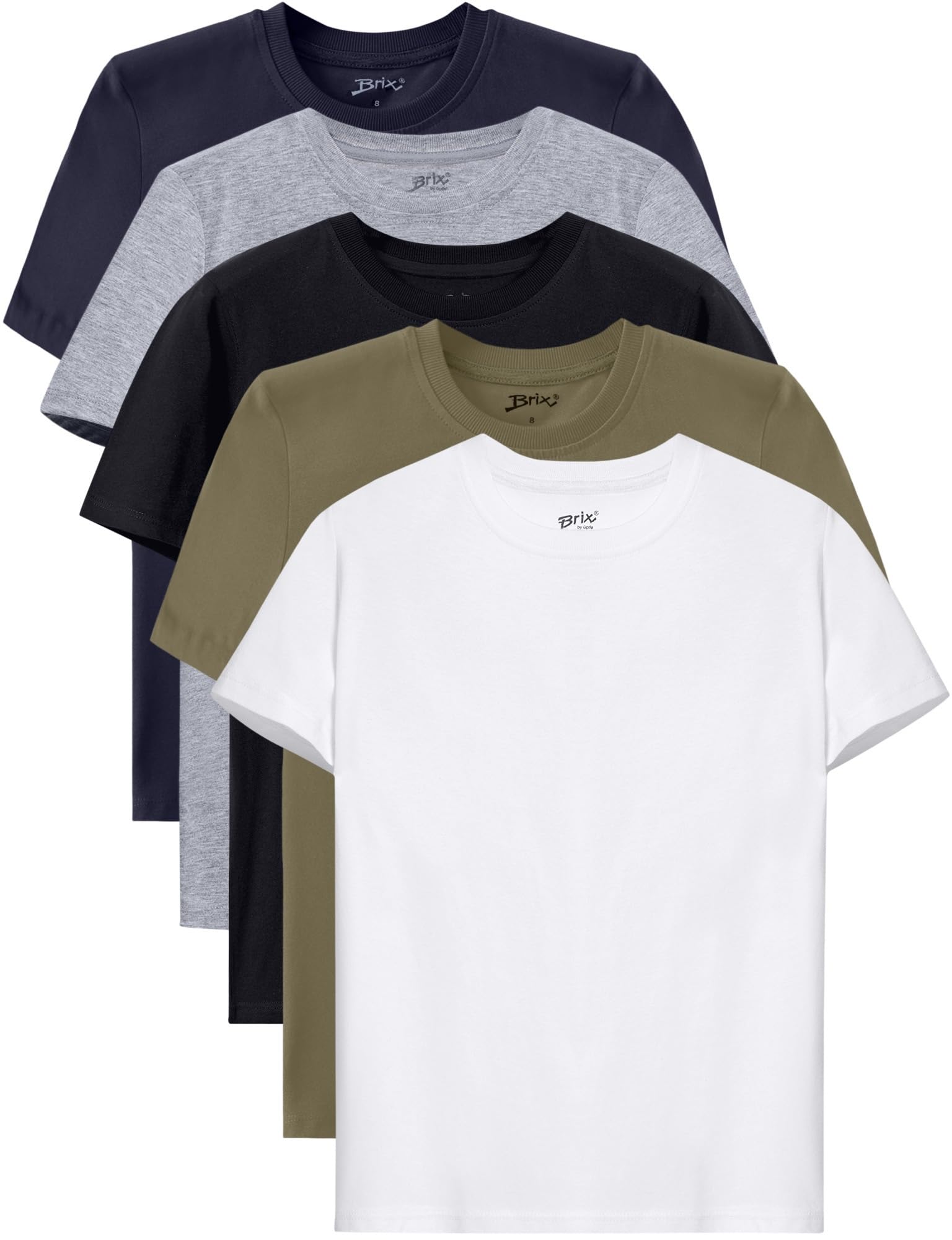 Brix Boys 5 Pack T-Shirts - Crewneck 100% Cotton Tagless Multipack Kids Short Sleeve Basic Comfort Tees.