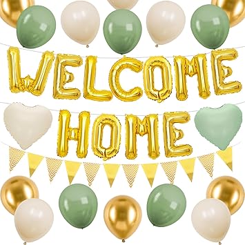 Welcome Home Decorations Green Gold,Gold Welcome Home Foil Balloon Banner with Sage Green White Heart Balloons Pennant Flag Bunting for Housewarming Baby Shower Home Family Party Supplies