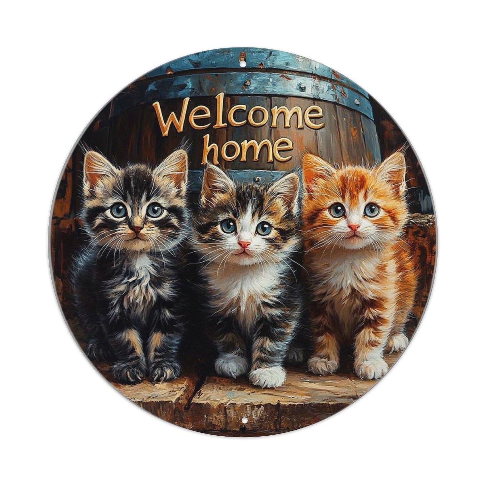 Three Cute Kittens Welcome Home Tin Sign Metal Poster Vintage Metal Signs for Home Man Cave Bar Cafe Kitchen laundry room Wall Decorations 8x8 inches