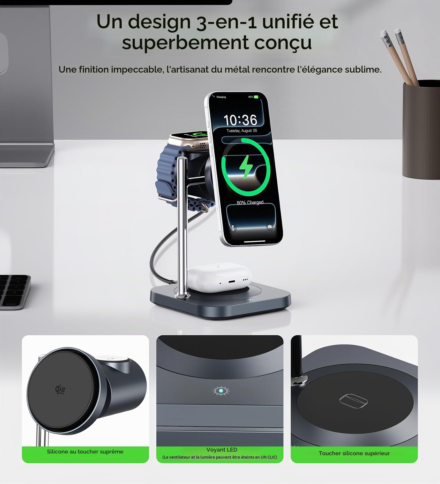 Station de charge Qi2.2 chargeur magnétique 3 en 1 25W avec ventilateur de refroidissement actif, chargeur sans fil magnétique pour iPhone 17/16/15/14/13/12, Apple Watch, AirPods (avec adaptateur 45W)