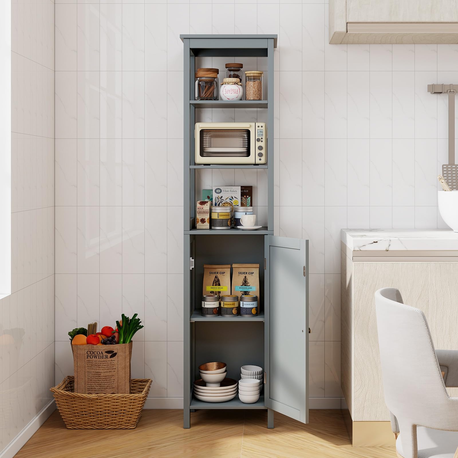 Armoire De Rangement Colonne 150 Cm - 4 étagères, 1 Porte - Blanc - Pour Salle De Bain, Chambre, Buanderie