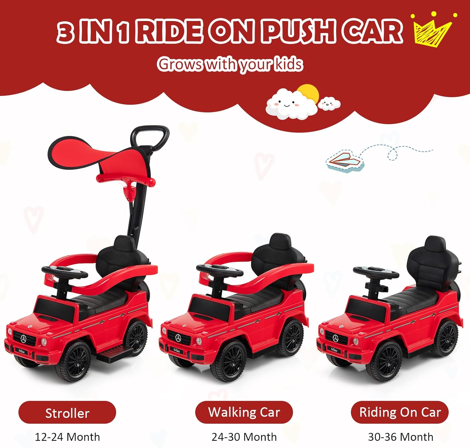 HONEY JOY Push Cars for Toddlers, Mercedes Benz Kids Toy Car Stroller w/Push Handle & Detachable Guardrail, Horn & Engine Sound, Seat Storage, Foot-to-Floor Ride On Push Car for Boys Girls(Red)