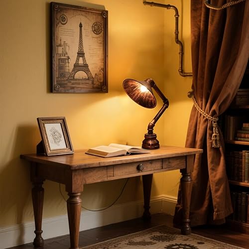 Miniatura 5 de Lámpara de mesa Steampunk, lámpara de escritorio estilo robot creativo, luz de tubo de agua industrial vintage para mesita de noche, mesita de