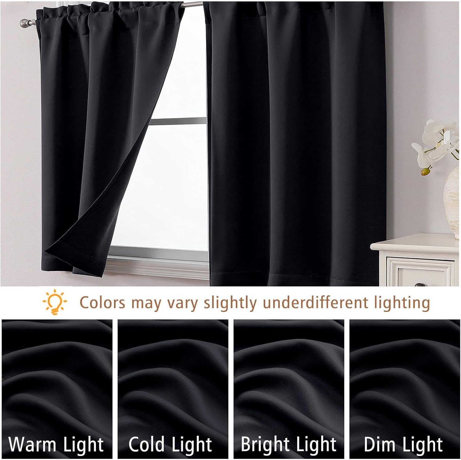 Black Cafe Curtains 24 Inch Length, Light Blocking Short Kitchen Window Curtains Over Sink, Half Window Blackout Drapes Tier Rod Pocket for Bathroom Basement Cabinet, 2x30Wx24L Inches
