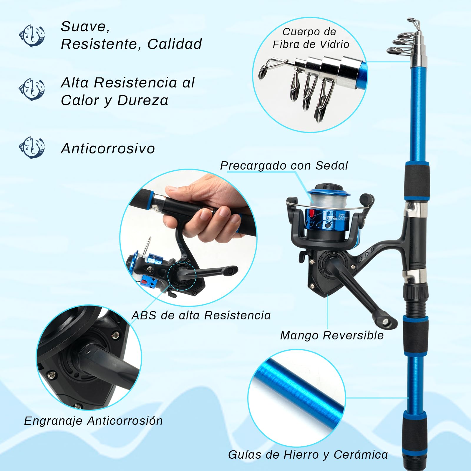Kit de 2 Cañas de Pescar Niños 1,8m Telescópicas Ligeras 240g, Kit Completo con Carrete Giratorio 5,2:1 Spinning, Señuelos, Accesorios y Bolsa de Transporte, Mar Lago Río, Regalo Principiantes