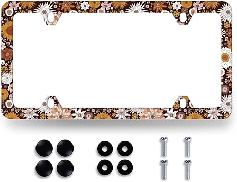 Colorful Flowers License Plate Frame Beautiful Daisy Sunflower Boho Floral License Plate Stainless Steel Funny License Plate Decoration with Screws 12.3"x6.3" for US Canada Standard Vehicle Size