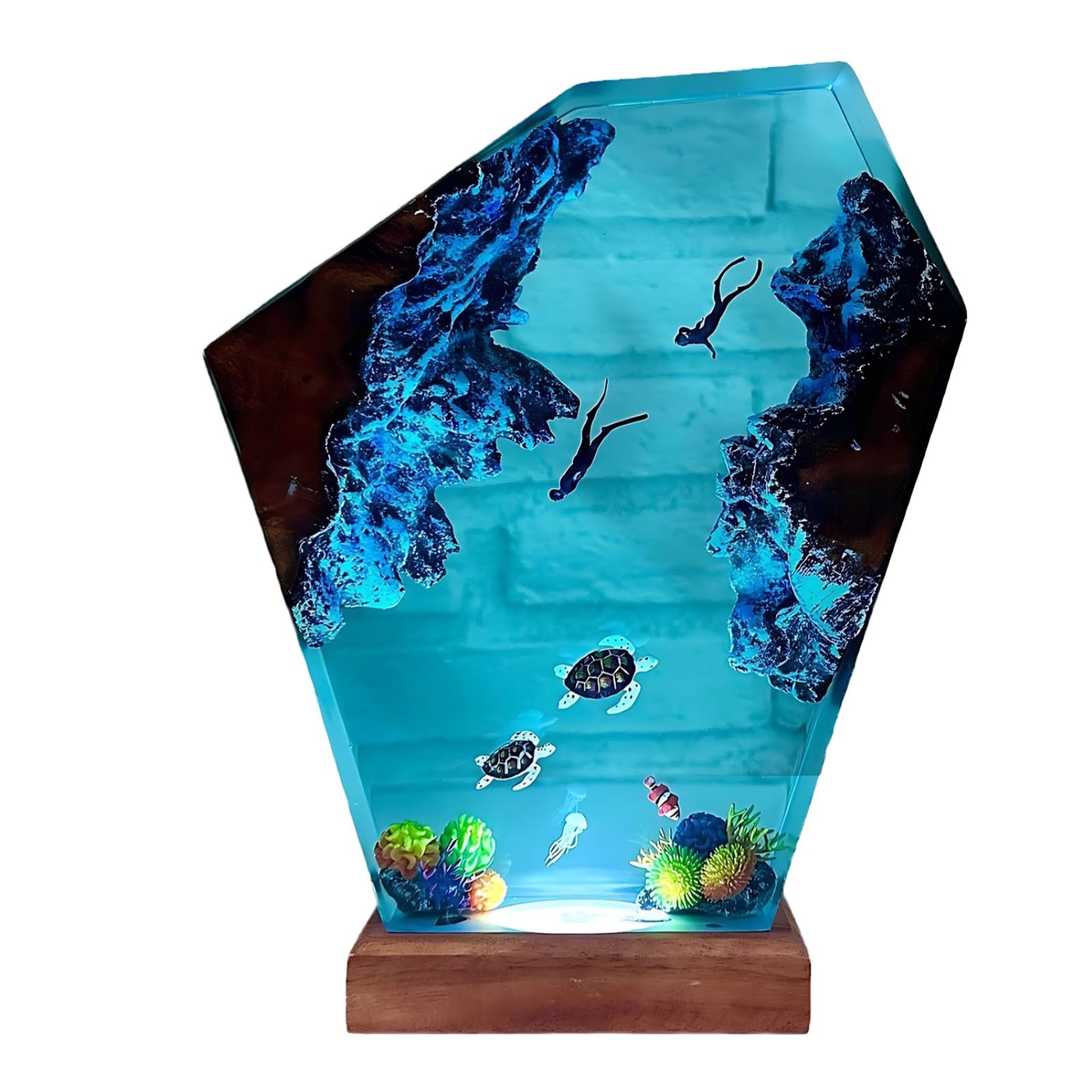 Lámpara de resina con tortugas y buzo, irregular de 8 x 5 pulgadas, control de modos multicolor, decoración temática oceánica y regalos