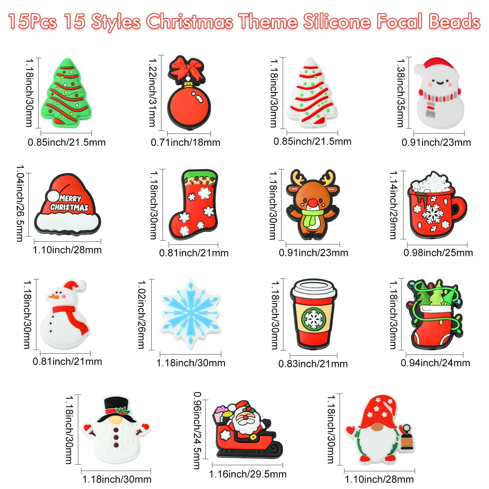 UR URLIFEHALL 15 Pcs 15 Styles Silicone Beads Colourful Santa Claus Tree Drink Silicone Focal Beads for Pens Keychain Lanyard Decorative Craft - Image 2