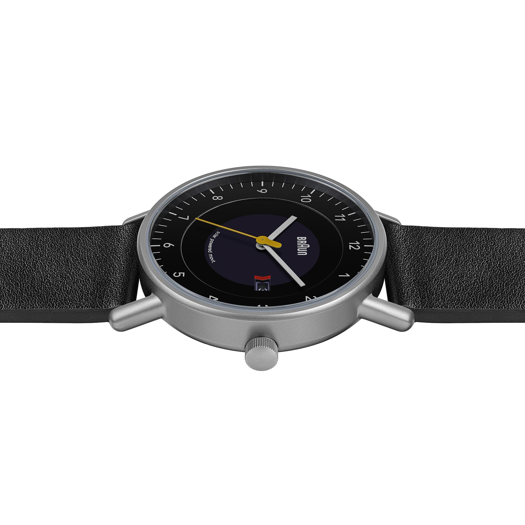 Braun 3-Zeiger-Herrenuhr mit solarbetriebener Quartz-Datumsanzeige, schwarzes Ziffernblatt und schwarzes Lederarmband, 40-mm-Edelstahlgehäuse, Modell BN0301BKBKG