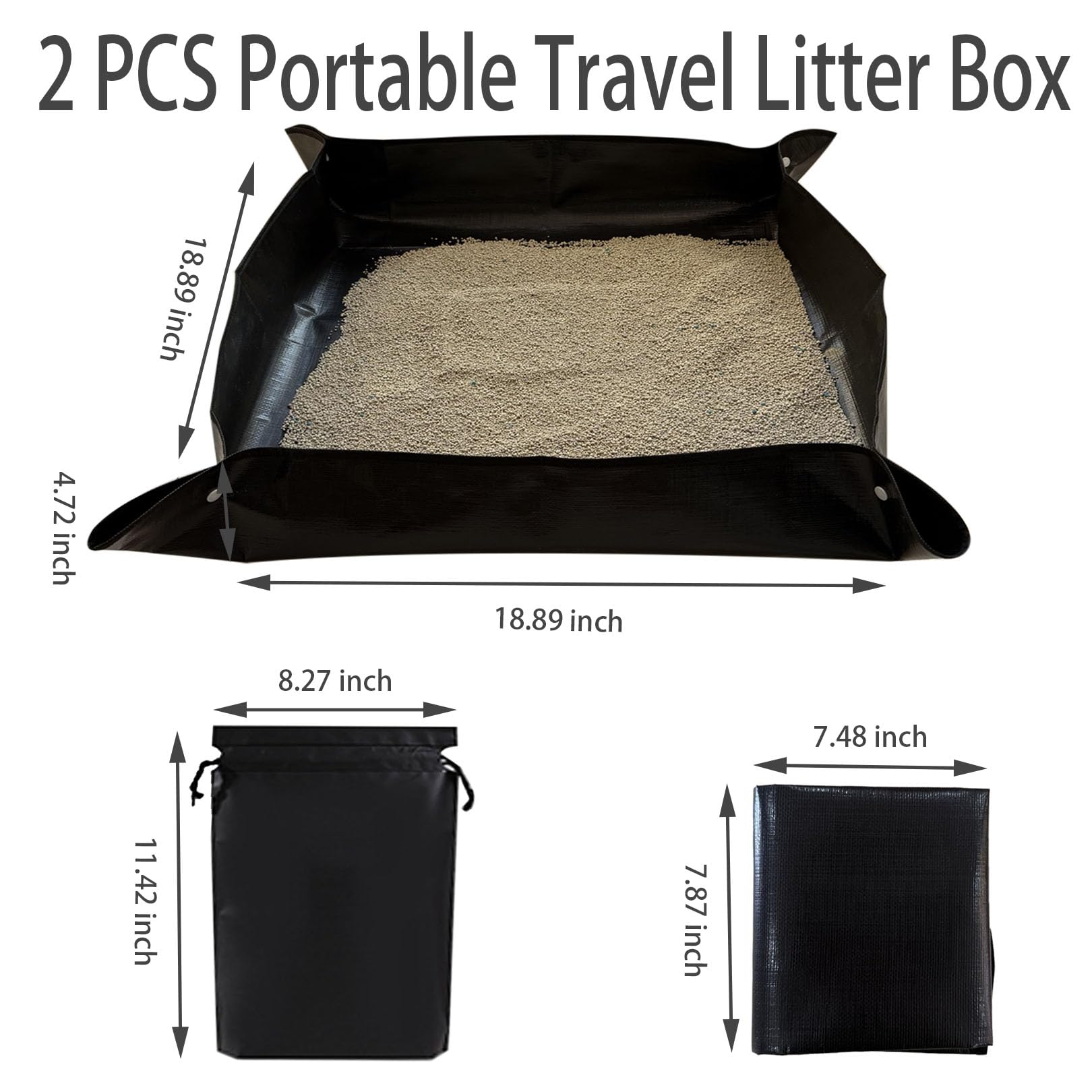 Portable Travel Litter Box for Cats 29.5 X 29.5 inchs, Foldable Leak Proof Kitty Travel Litter Box in Car Van Camping Hotel 2PCS
