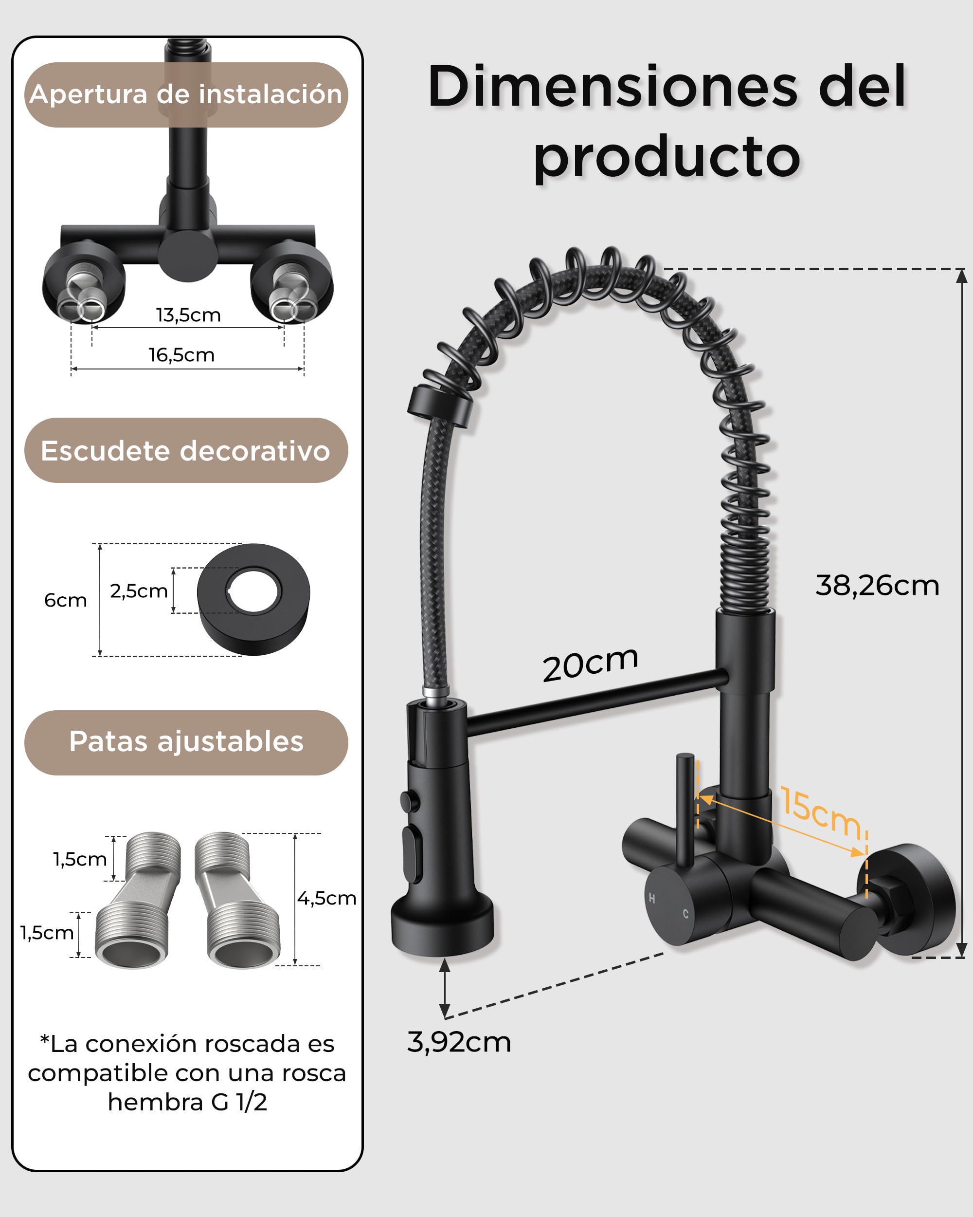 FORIOUS Grifo de Cocina de Pared 15 cm con Ducha Extensible, 3 Funciones