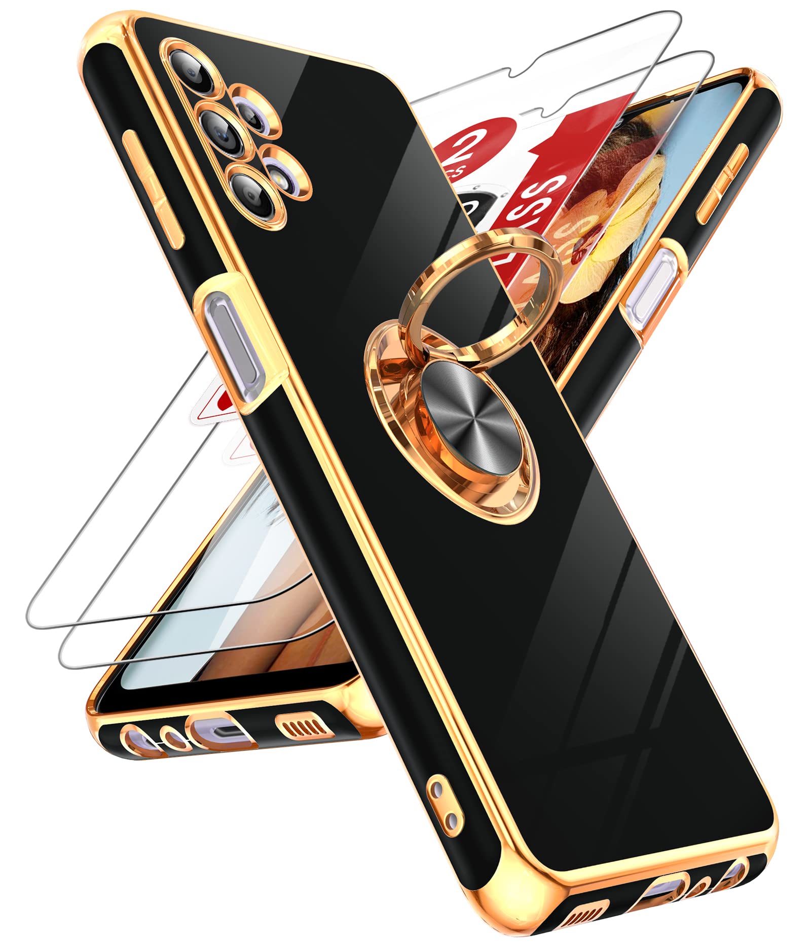 LeYi for Galaxy A32-5G Phone Case: with Tempered Glass Screen Protector [2 Pack] 360° Rotatable Ring Holder Magnetic Kickstand, Plating Rose Gold Edge