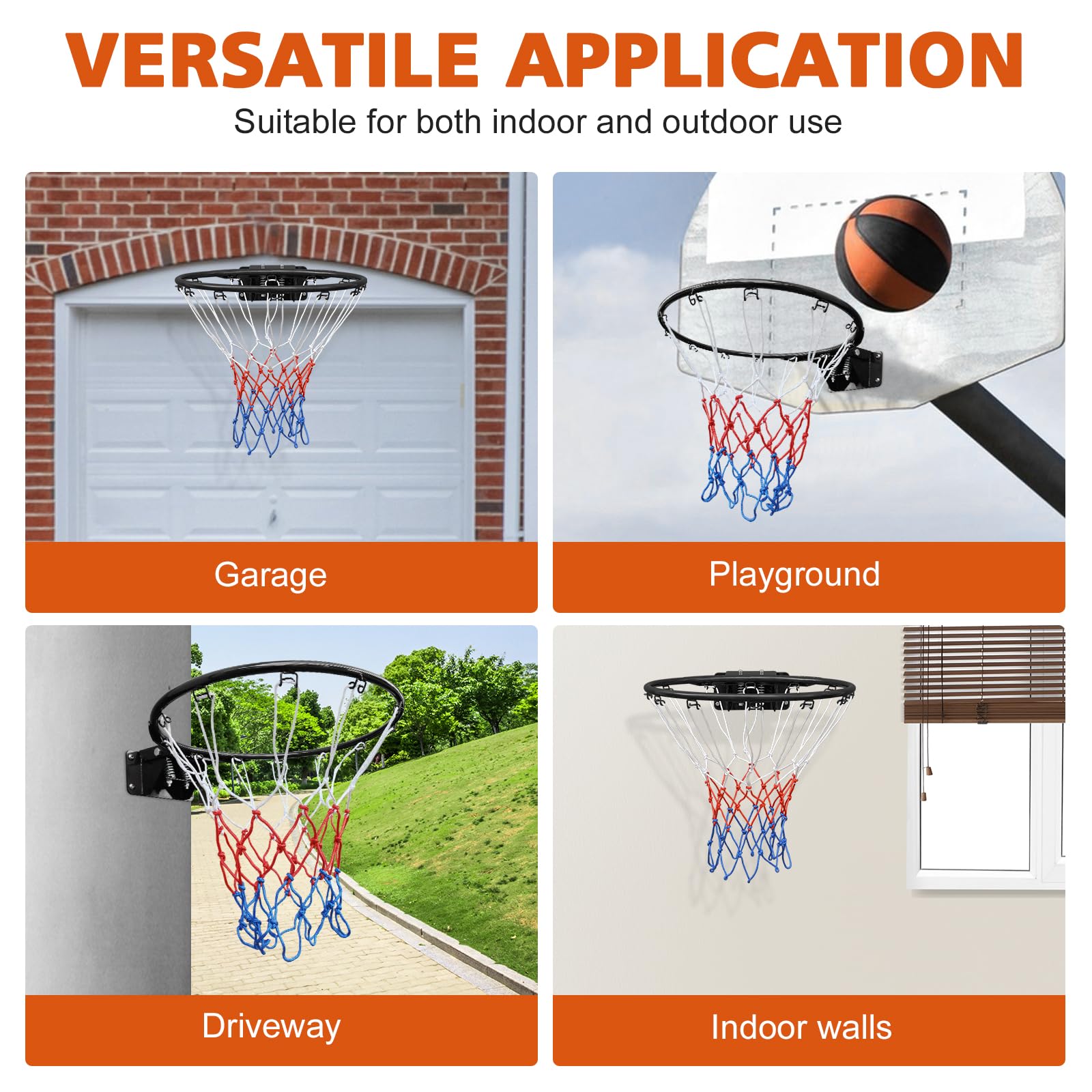 Anello da basket da 45 cm, stabile con doppia molla e rete per montaggio a pavimento e a parete, in acciaio, per interni ed esterni, nero