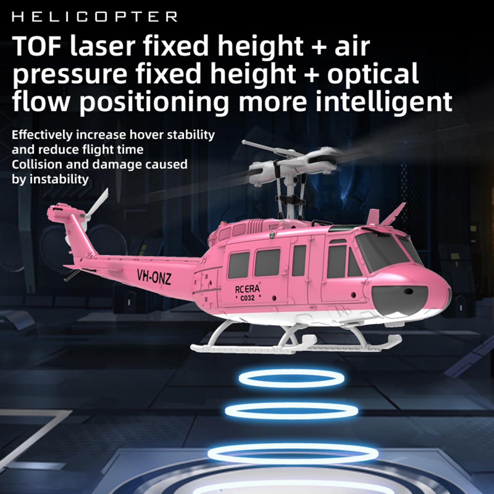 C032 UH-1 Huey Elicottero telecomandato, 1/48 Scala Flybarless Stunts RC Elicottero per adulti con 2 batterie Posizionamento del flusso ottico Regalo per gli appassionati militari RTF(Yellow)