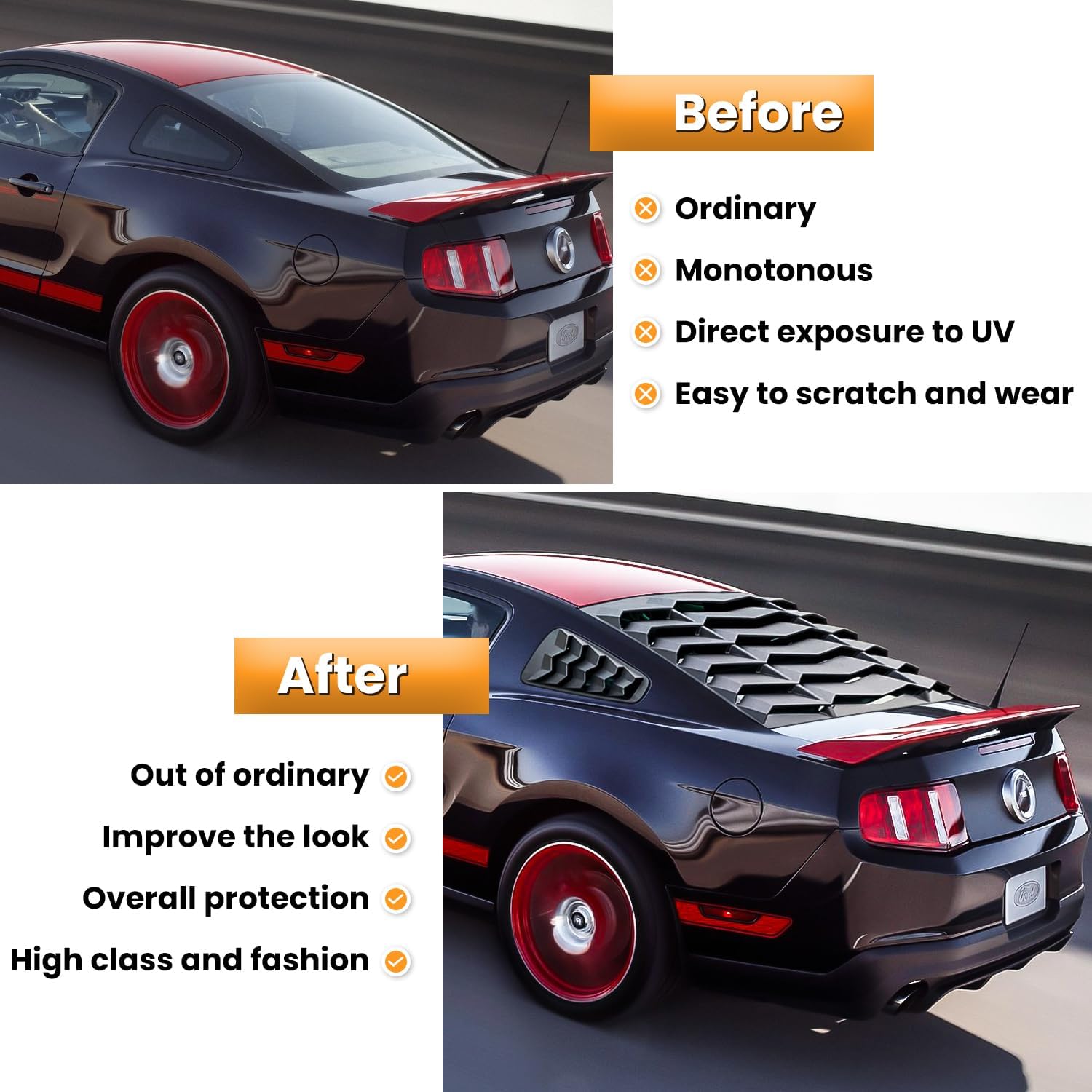 Rear+Side Window Louvers for Ford Mustang 2005 2006 2007 2008 2009 2010 2011 2012 2013 2014 Windshield Sun Shade Cover Vent GT Lambo Style Exterior Accessories All Weather ABS (Matte Black)