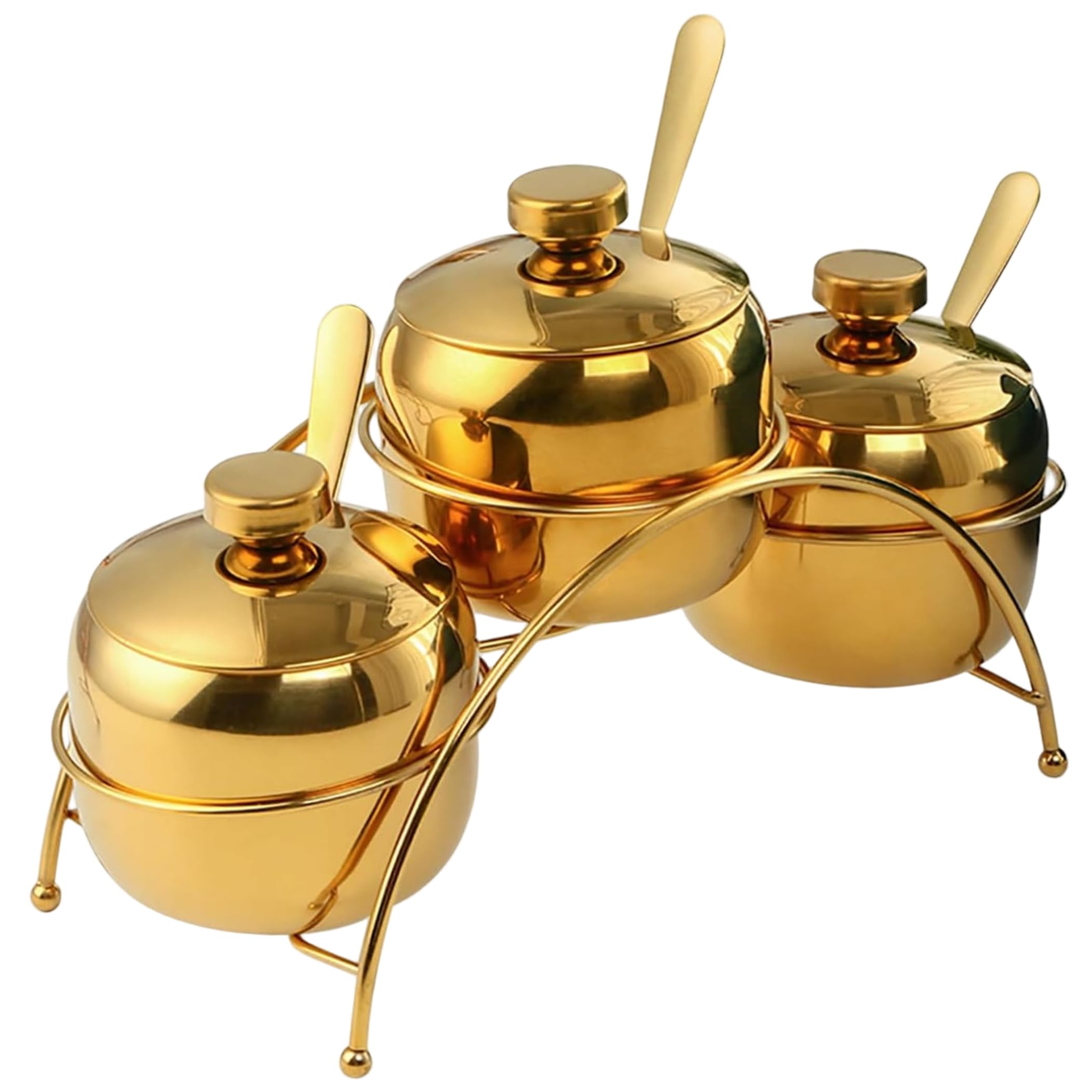 Tsawntd 3PCS/Set Spice Jars with Spoon, Stainless Steel Condiment Containers with Lids & Holder Spice Jar Set for Sugar, Pepper, Salt, Spices (Gold)