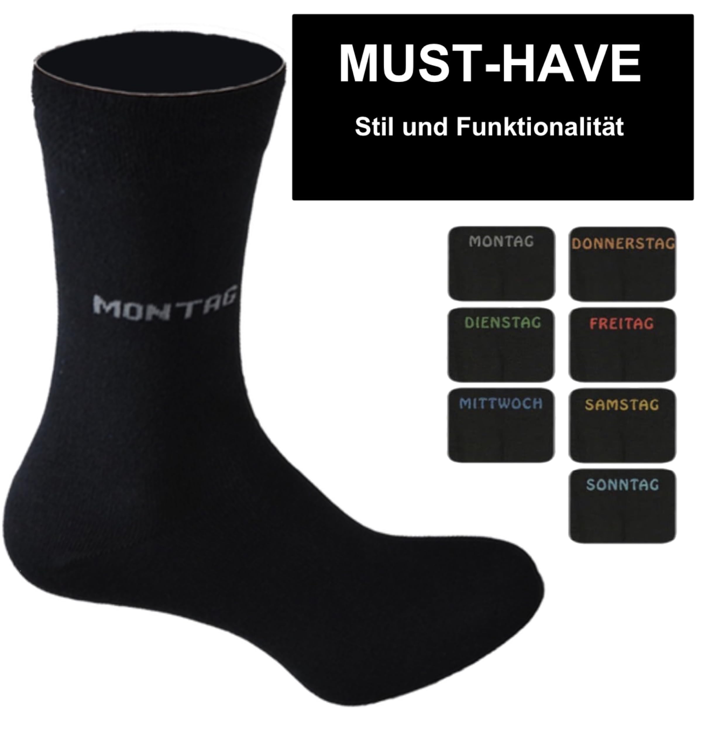 Cocain underwear 7 | 14 | 21 Paar Damen & Herren Socken schwarz mit Wochentag am Schaft 7-Tage-Socken in Grössen 35-38, 39-42, 43-46 oder 47/50