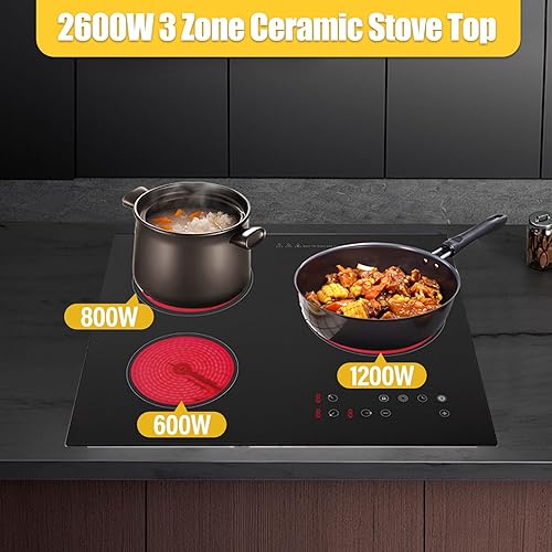 Miniatura 3 de Estufa eléctrica de 3 quemadores, 2600 W 110 V, estufa eléctrica integrada con 3 quemadores eléctricos, 9 niveles de calefacción y bloqueo de