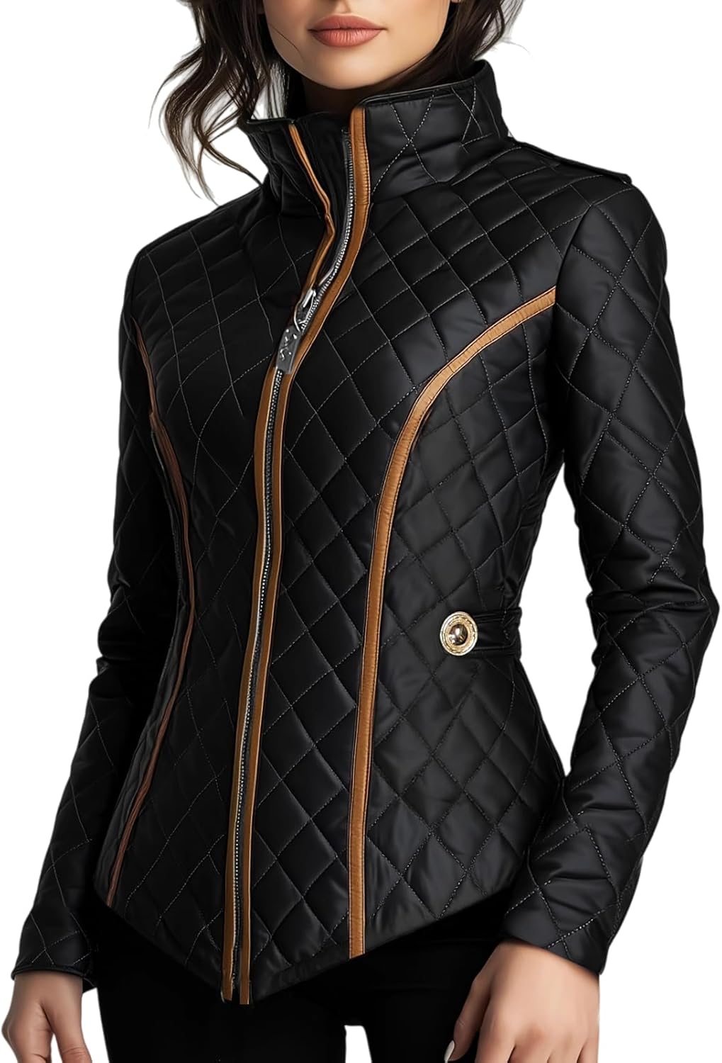 Womens Quilted Jackets Stylish Waist-Cinched Diamond-Quilted Padded Jacket Elegant Lightweight Puffer Jacket Winter Coats