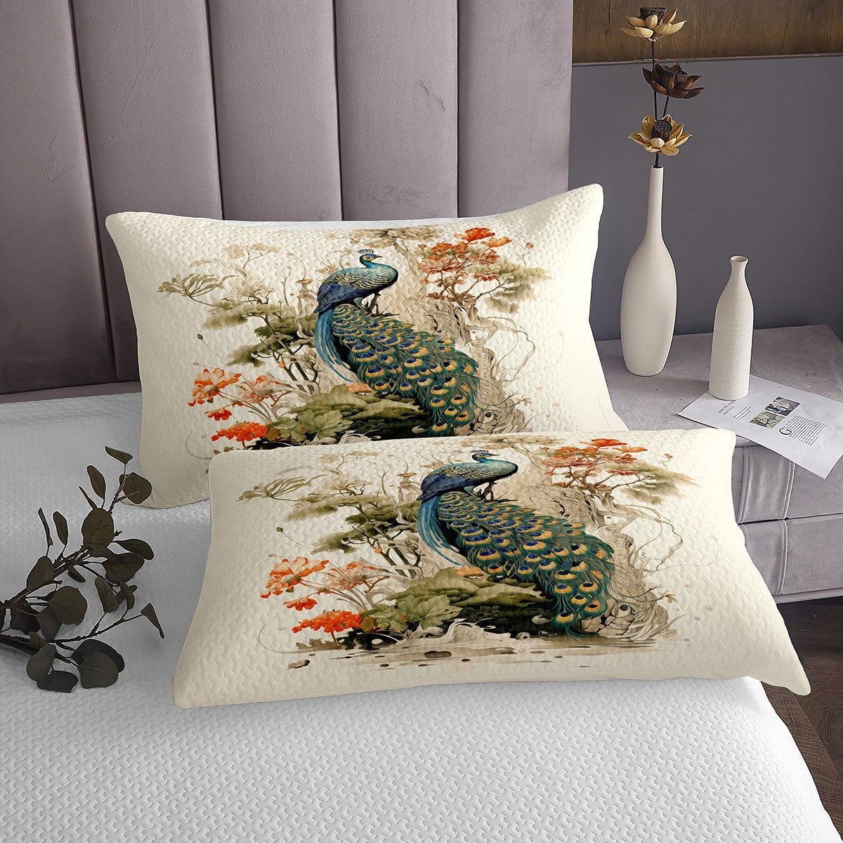 Homewish Vintage Flower Bedding Set Twin Size,Elegant Peacock Bedspread for Kids Boys Girls Room Decor,Peacock Feather Quilt 2Pcs,Wild Animal Nature Floral Retro Beige Coverlet Set,1 Pillowcase
