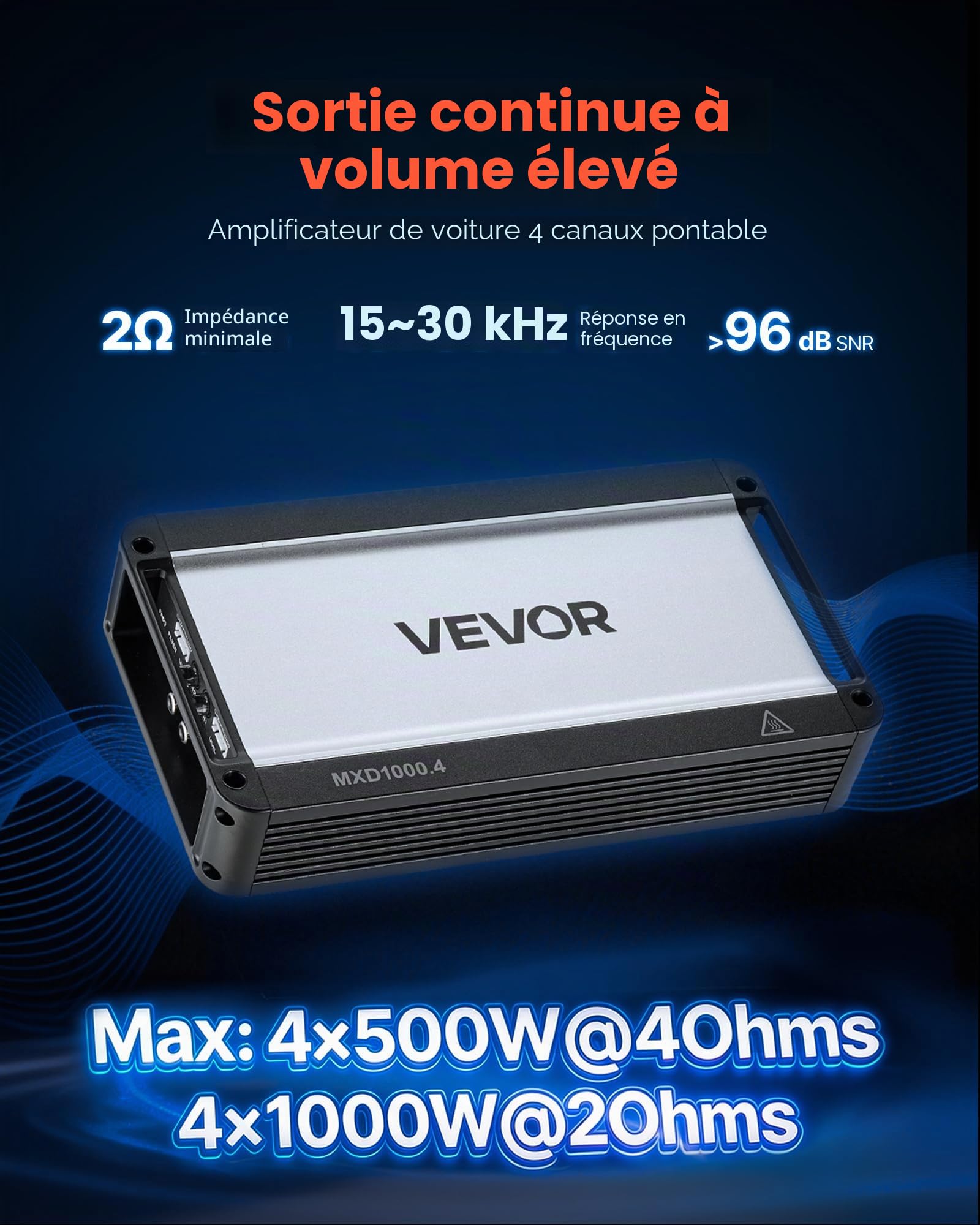 VEVOR Amplificateur Audio Voiture, Ampli de Puissance à 4 Canaux Pontables pour Subwoofer, Classe D à Gamme Complète, Amplificateur Multicanal Stéréo Max. 4x500 W sous 4 ohms/4x1000 W sous 2 ohms