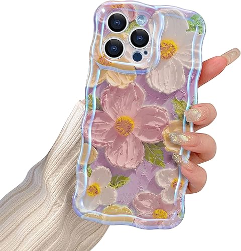 Miniatura 9 de EYZUTAK - Funda protectora de TPU para iPhone 14 Pro, estilo retro colorido, diseño láser brillante de pintura al óleo, estampado floral, borde