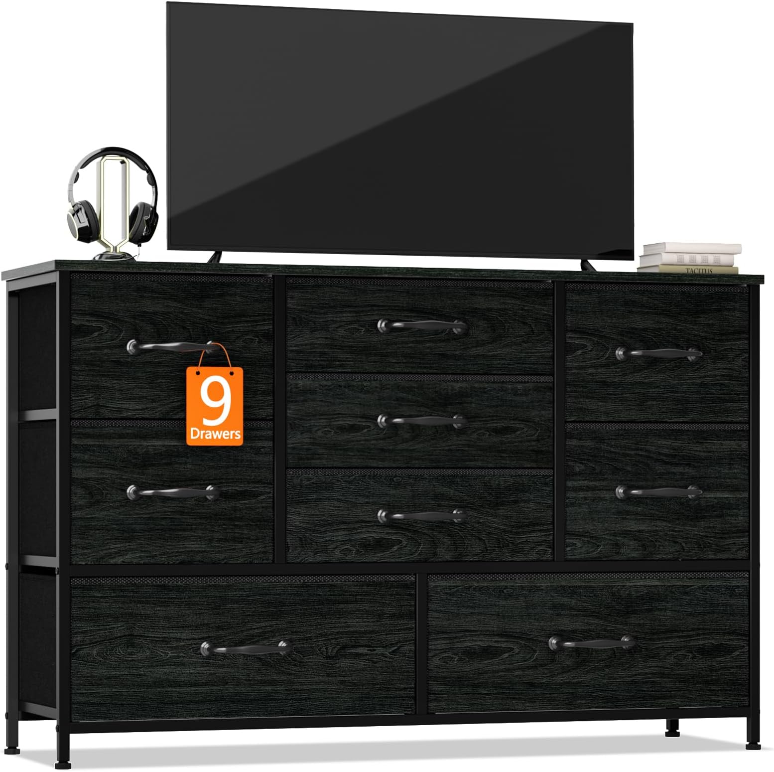Furnulem Wide Dresser with 9 Large Drawers for 55'' Long TV Stand Entertainment Center,Wood Shelf Storage for Bedroom,Dorm Room,Closet,Entryway,Sturdy Metal Frame(Black Oak