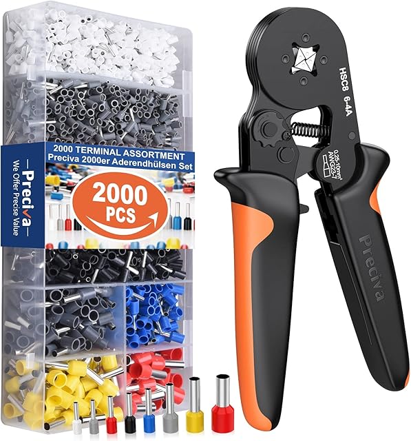 Ferrule Crimping Tool Kit, Preciva 0.25-10mm²/AWG23-7 Adjustable Ratchet Bootlace Ferrule Wire Crimping Tool, Bootlace Crimping Plier with 2000 Crimping Connectors and Wire End Terminals