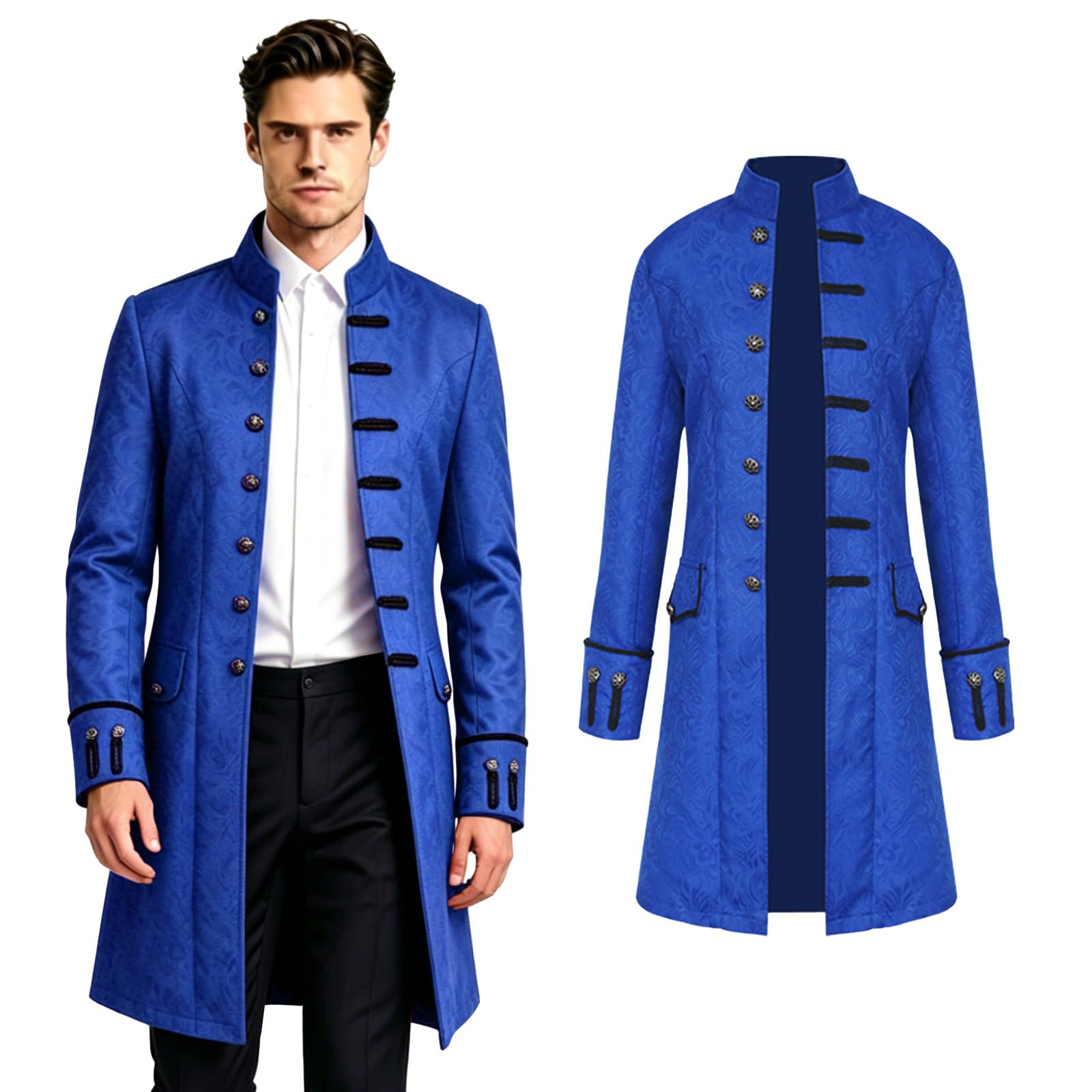 Crubelon Men's Steampunk Vintage Tailcoat Jacket Gothic Victorian Frock Coat Uniform Halloween Costume (Blue, L)