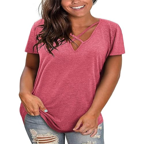 Plus Size Tops for Women Summer Short Sleeve Oversized T-Shirt Casual Sexy V Neck Loose Cotton Tee Shirts Pink