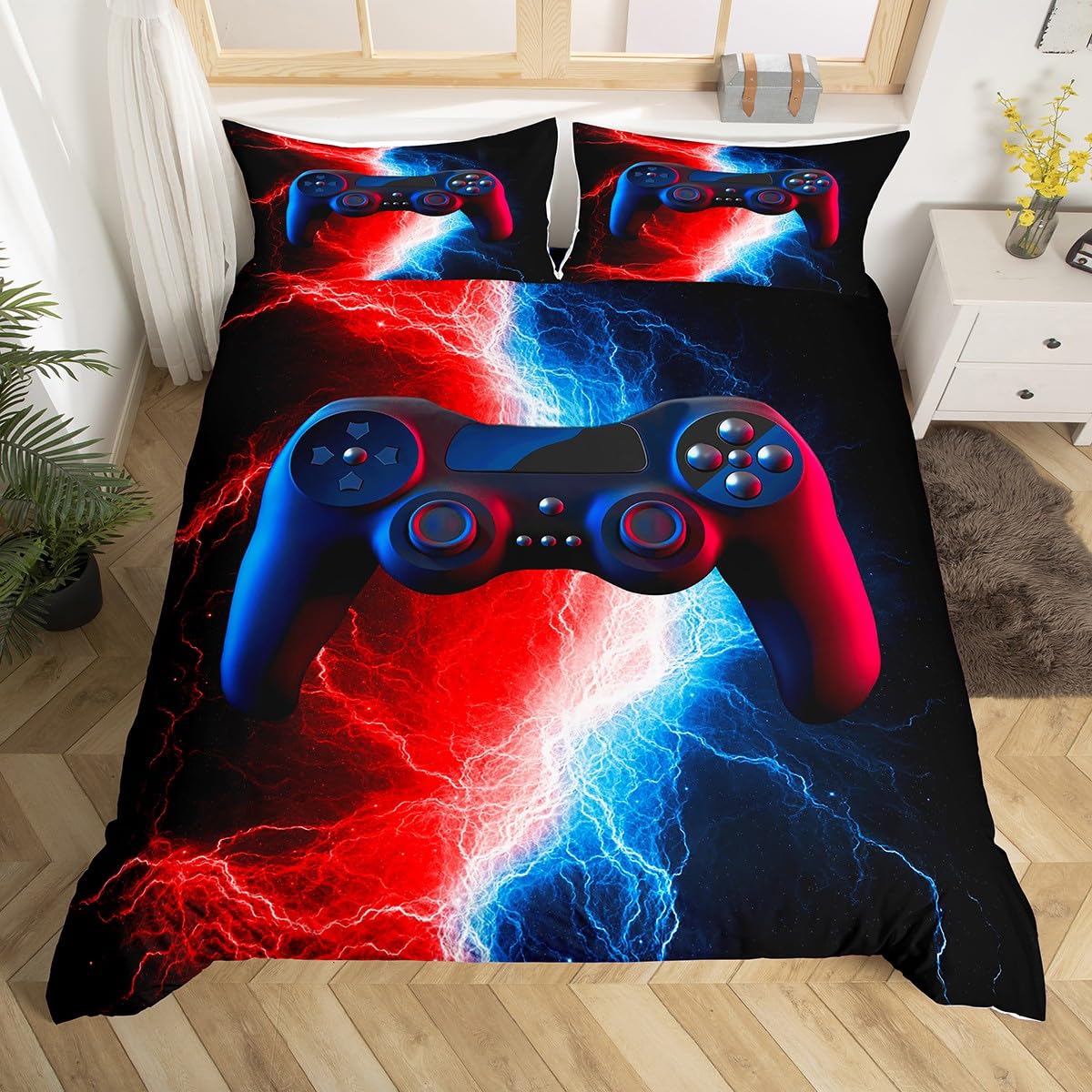 Juego de ropa de cama para niños, juego de cama para juegos de vídeo, juego de ropa de cama para chicos, hombres y adolescentes, funda nórdica de color rojo y azul, con funda de almohada, 155 x 220 cm