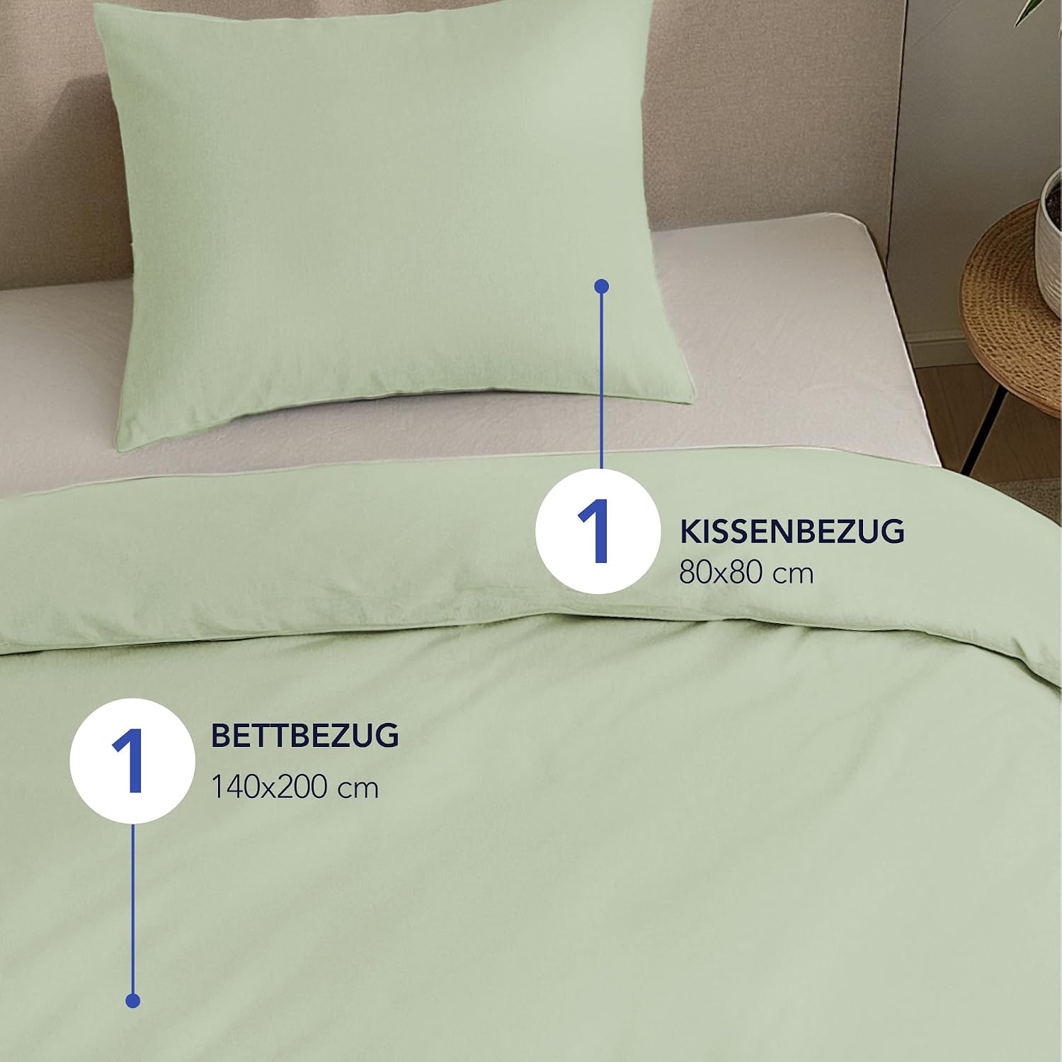 Dreamzie Bed Linen Set 140 x 200 cm Mako Satin Green Duvet Covers 140 x 200 cm with 1 Pillowcase 80 x 80 cm Oeko-Tex Certified Bed Linen 140 x 200 cm Cotton 2-Piece Green 140x200cm + 1 x Kissenbezug 80x80cm