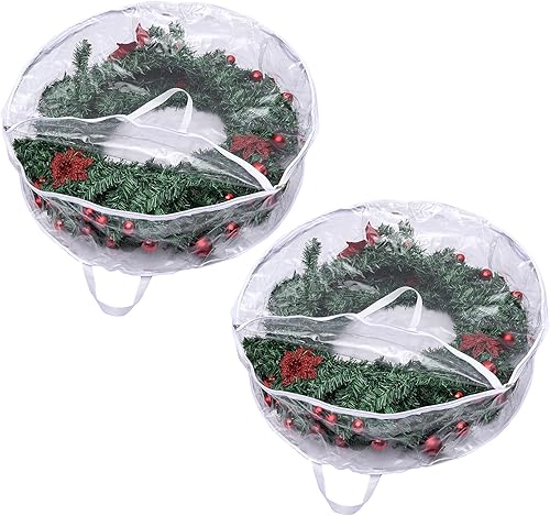 NHRFUJ - Paquete de 2 bolsas de almacenamiento para coronas de Navidad, contenedor transparente de 30 pulgadas con doble cremallera y asa reforzada