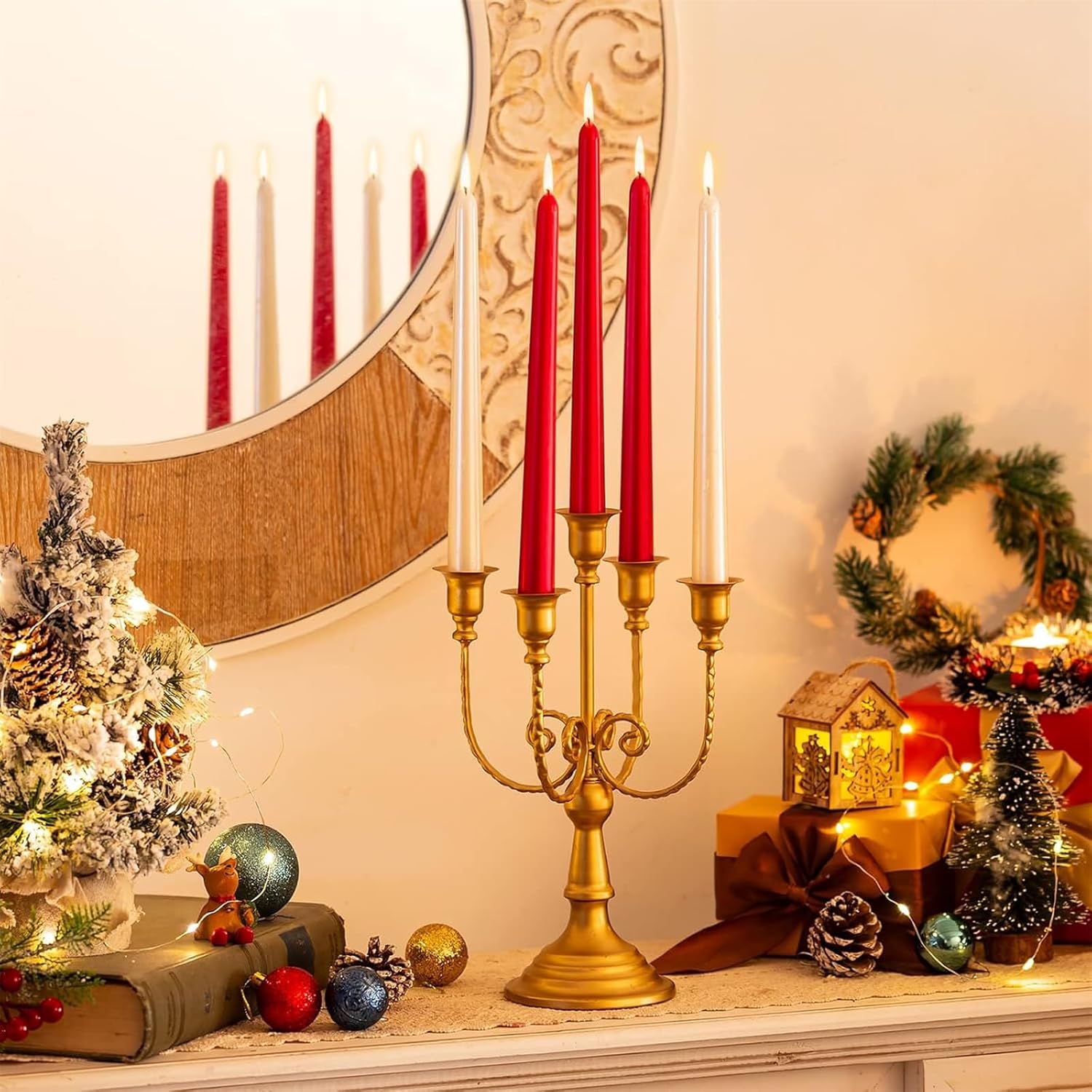 2PCS 5-Candle Cast Iron Metal Candelabra Taper Candlestick Holders 12 Inch French Tabletop Mantel for Wedding Candlelight Dinner Christmas Festivals Gold