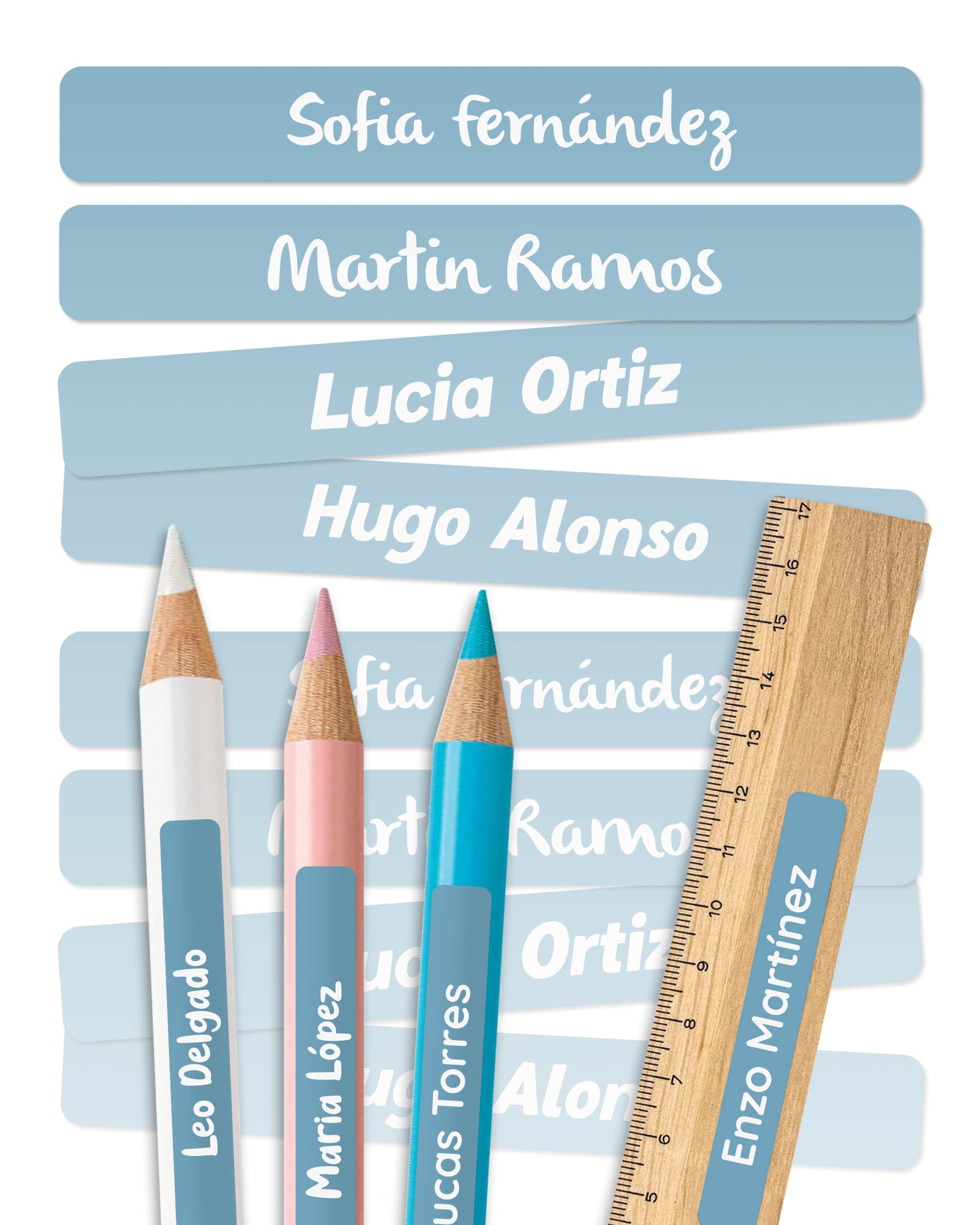 melu kids® Etiquetas adhesivas personalizadas para objetos de colegio y guardería (75 piezas,unicolor) - Pegatinas personalizadas con nombre - resistentes al lavavajillas - Azul