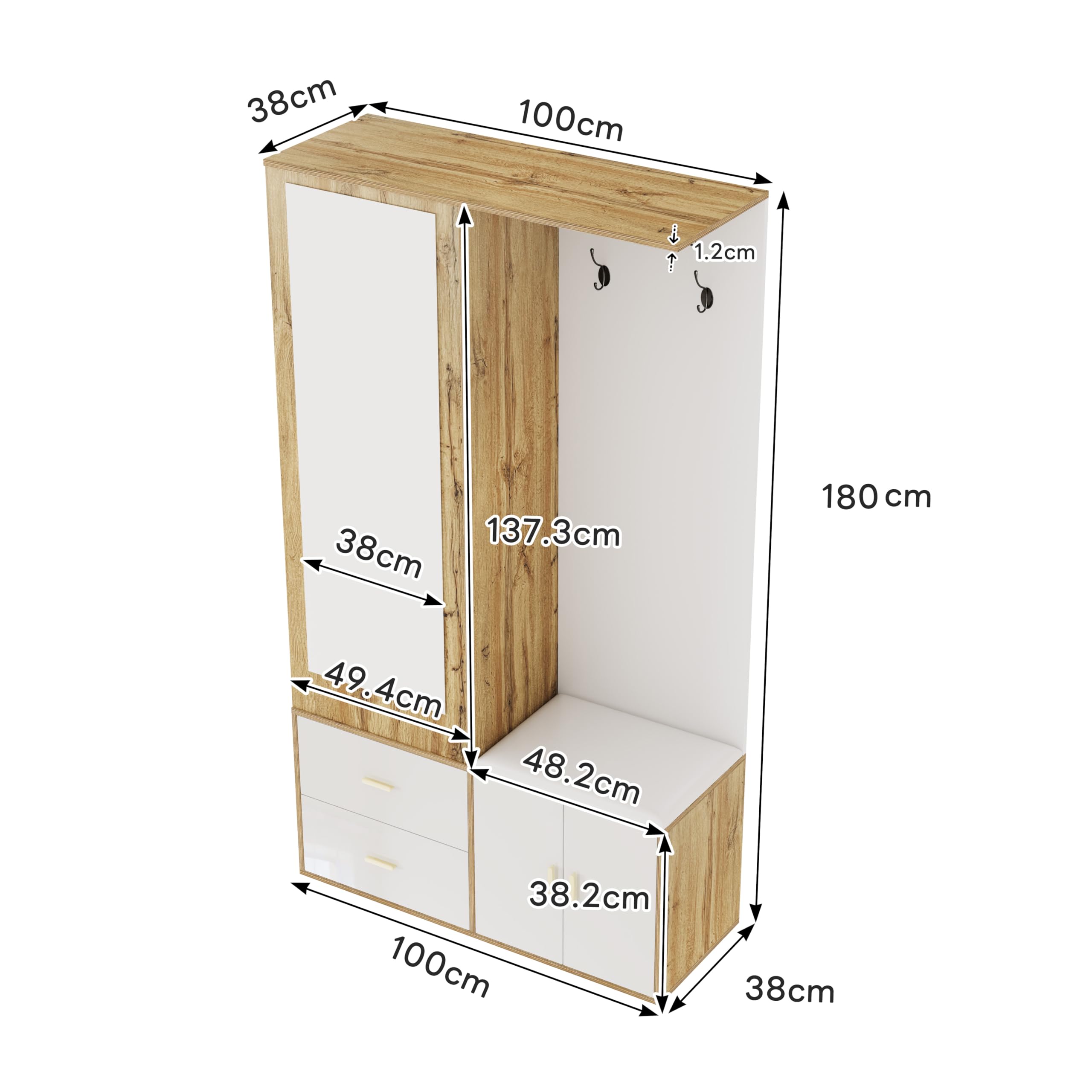 Kledingkast 100x38x108.1 Cm - Met Spiegel - Met Schoenenkast - Met Haken En Uitschuifbare Hangertjes Wit Naturel