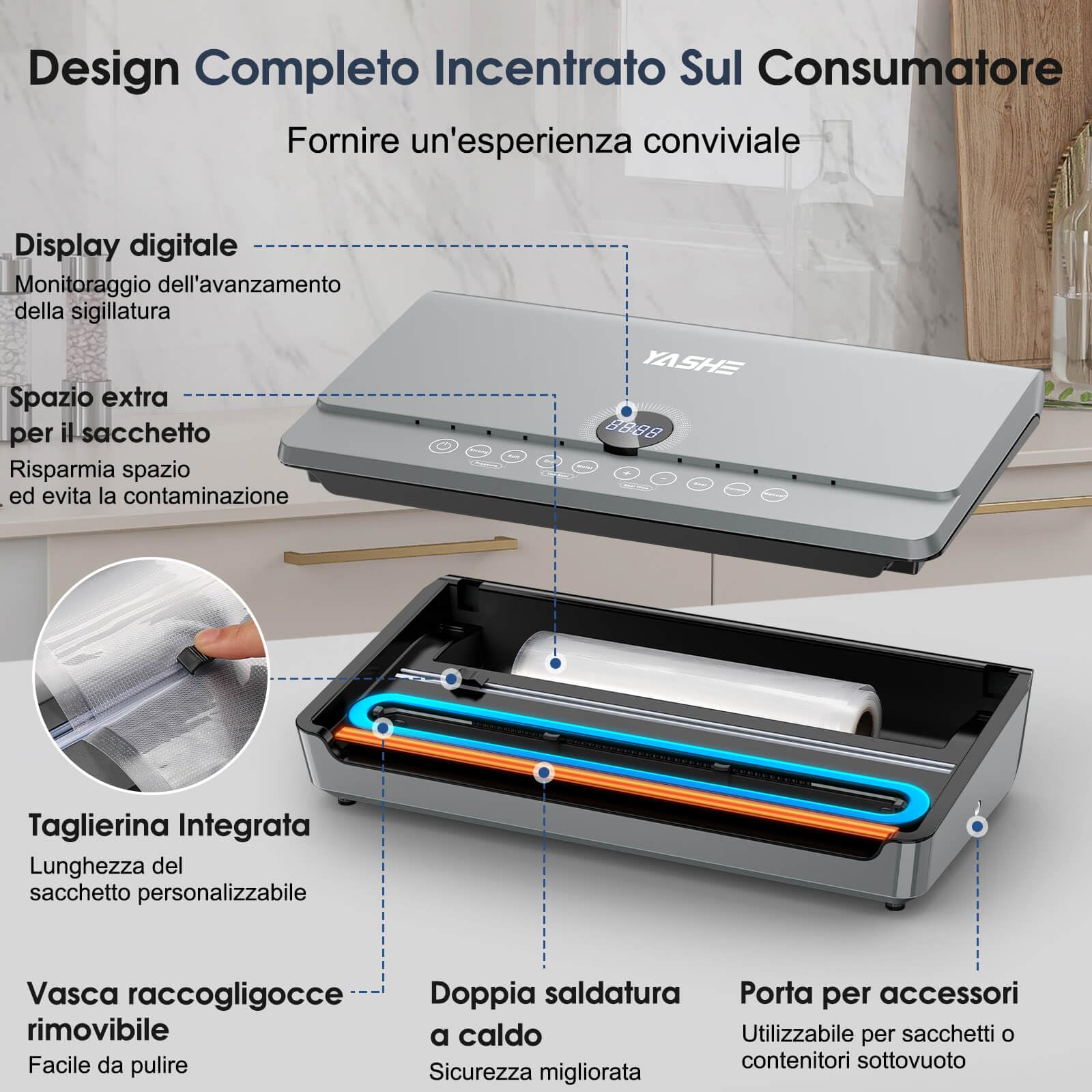 YASHE Macchina Sottovuoto Alimenti 80KPa, 10 in 1 Macchina Sottovuoto con Coperchio Magnetico, Doppio Sigillo e Doppia Pompa, Vano Porta Rotolo Integrato, 1 Rotolo da 20x300cm Incluso