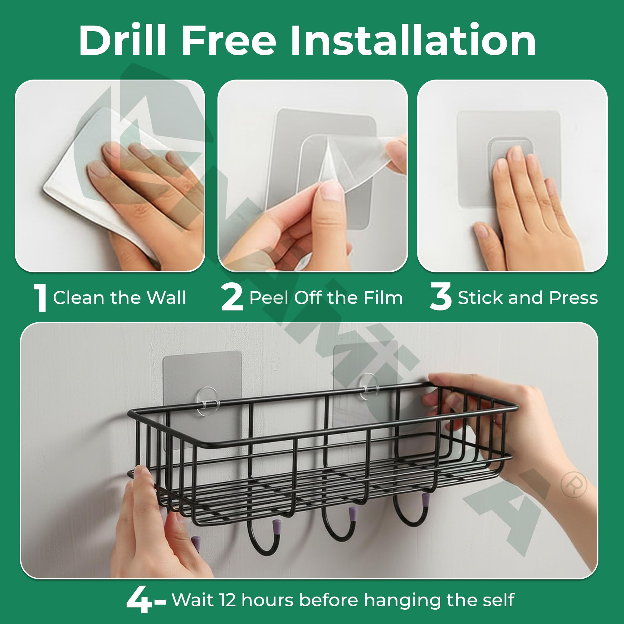 NAMUVA Self Adhesive Stainless Steel Bathroom Shelf with 4 Hooks | Black — Amazon image 4