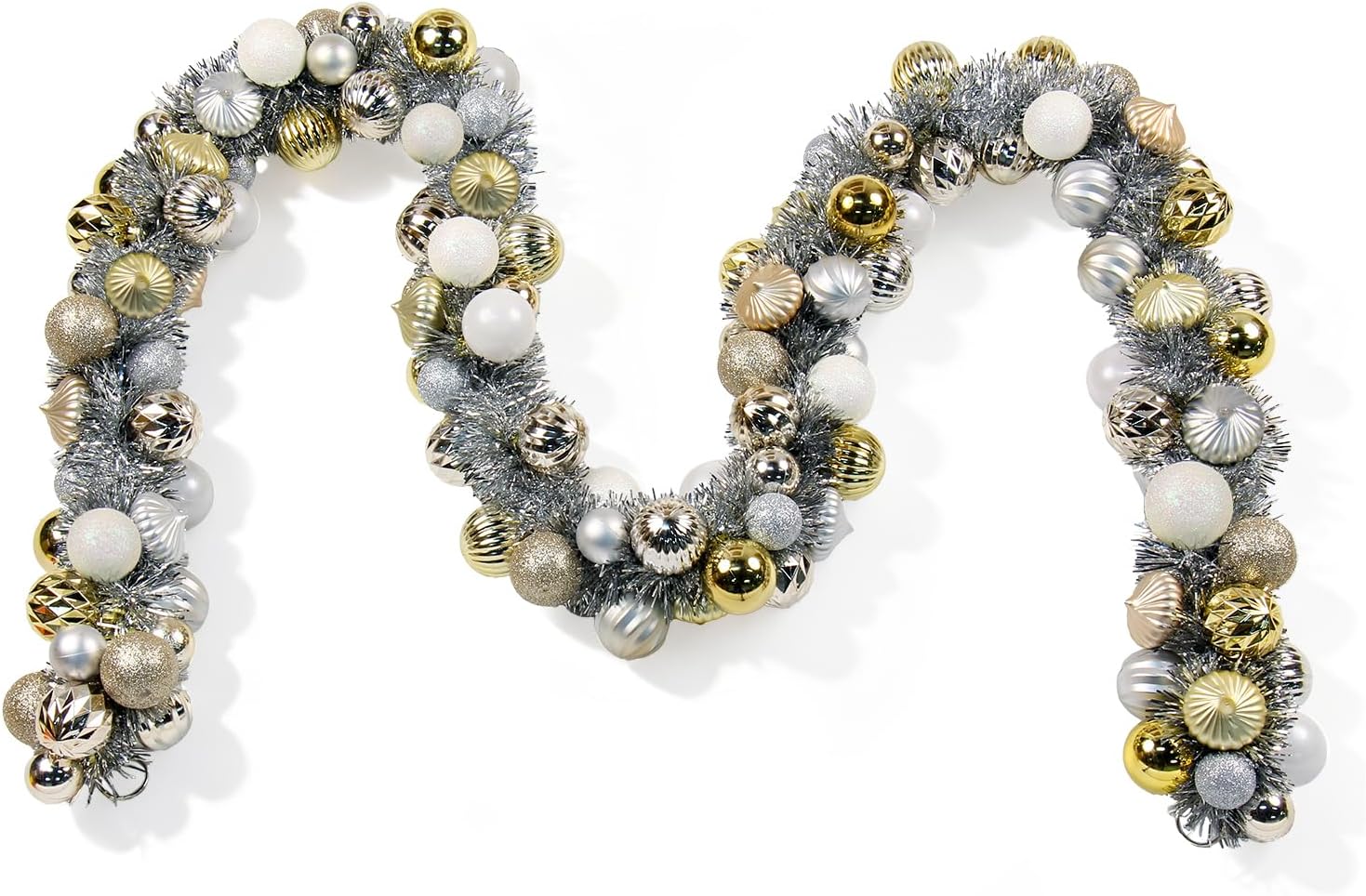 6FT Shimmering Ball Garland – Elegant Gold, Silver & Pearl White Glitter Ornaments – All-Season Modern Decorative Swag for Mantel, Mirror, and Living Room Decor