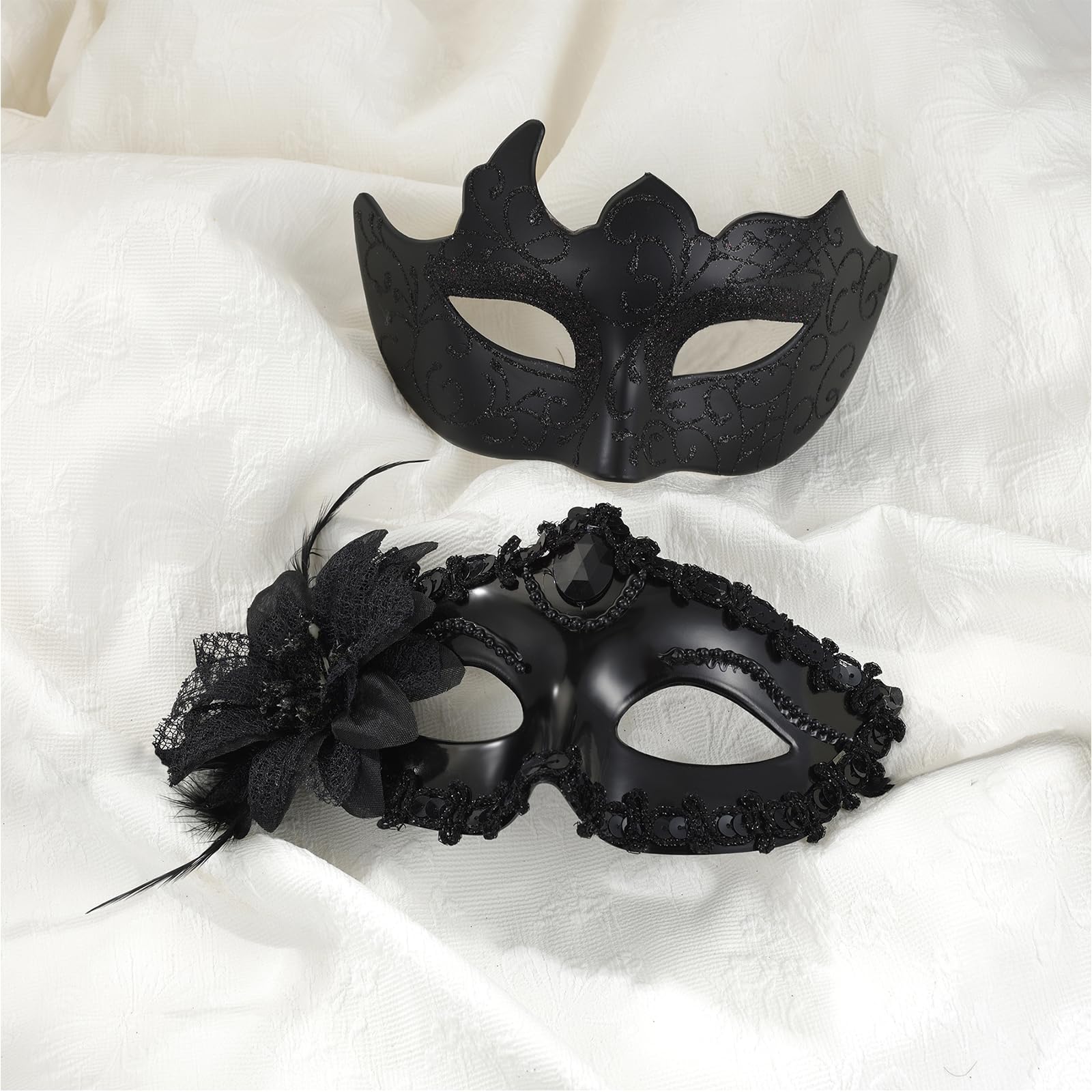 Oidea Masquerade Mask for Couples: Black Lace Venetian Party Mask with Glitter Side Flower Decoration Halloween Costume Carnival Mardi Gras Masks for Women and Men - Image 4