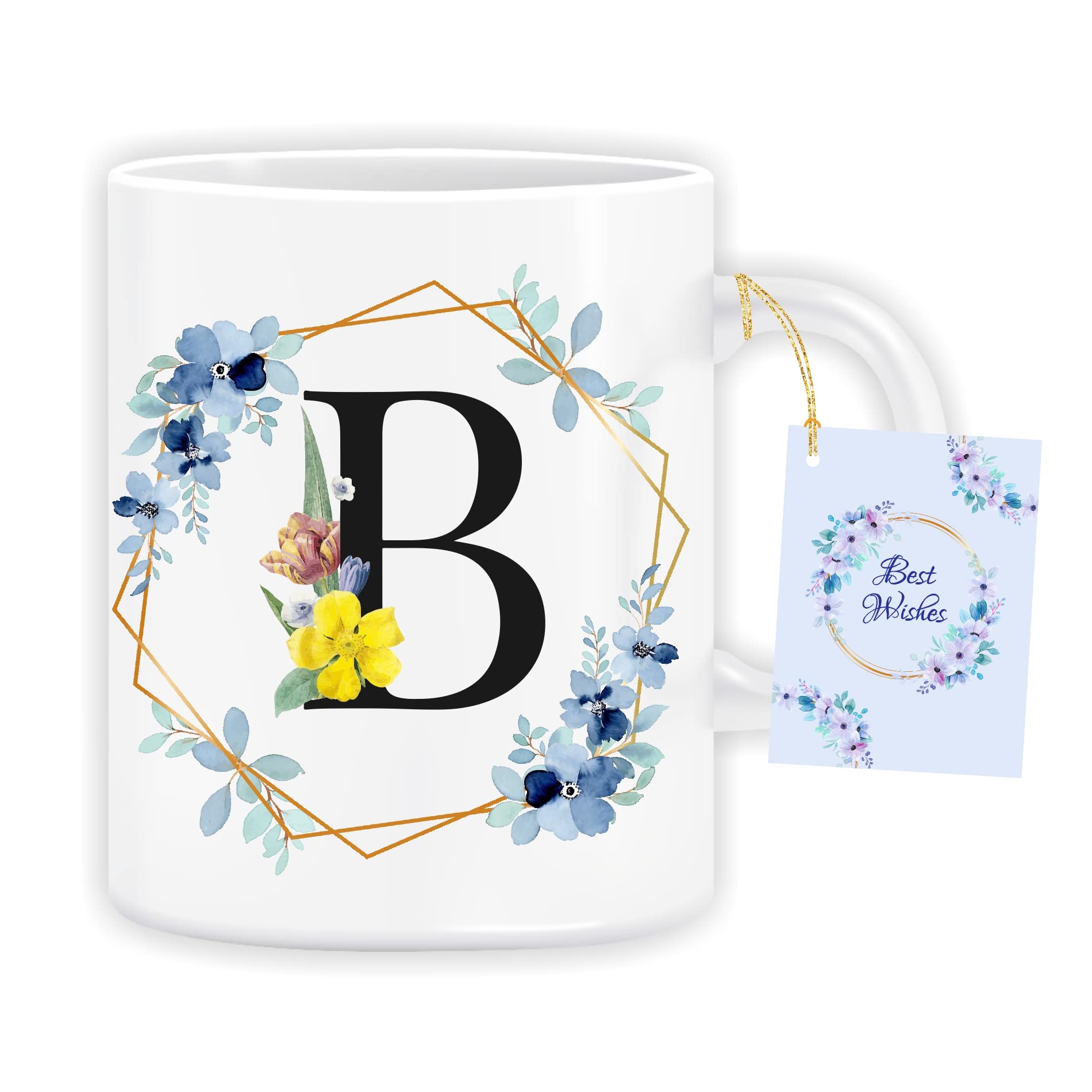 HOME GENIE Initials Mug | Ceramic Coffee/Tea/Milk Mug | Gift for Girls/Boys/Girlfriend/Boyfriend/Friends/Anniversary/Birthday/Valentine - Alphabet B (with Best Wishes Tag)