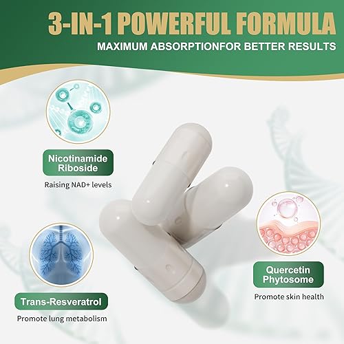 Miniatura 4 de Suplemento NAD  Ribosida de nicotinamida liposomal, resveratrol, quercetina, NAD nicotinamida ribósido resveratrol 900 mg, suplemento NAD+ para