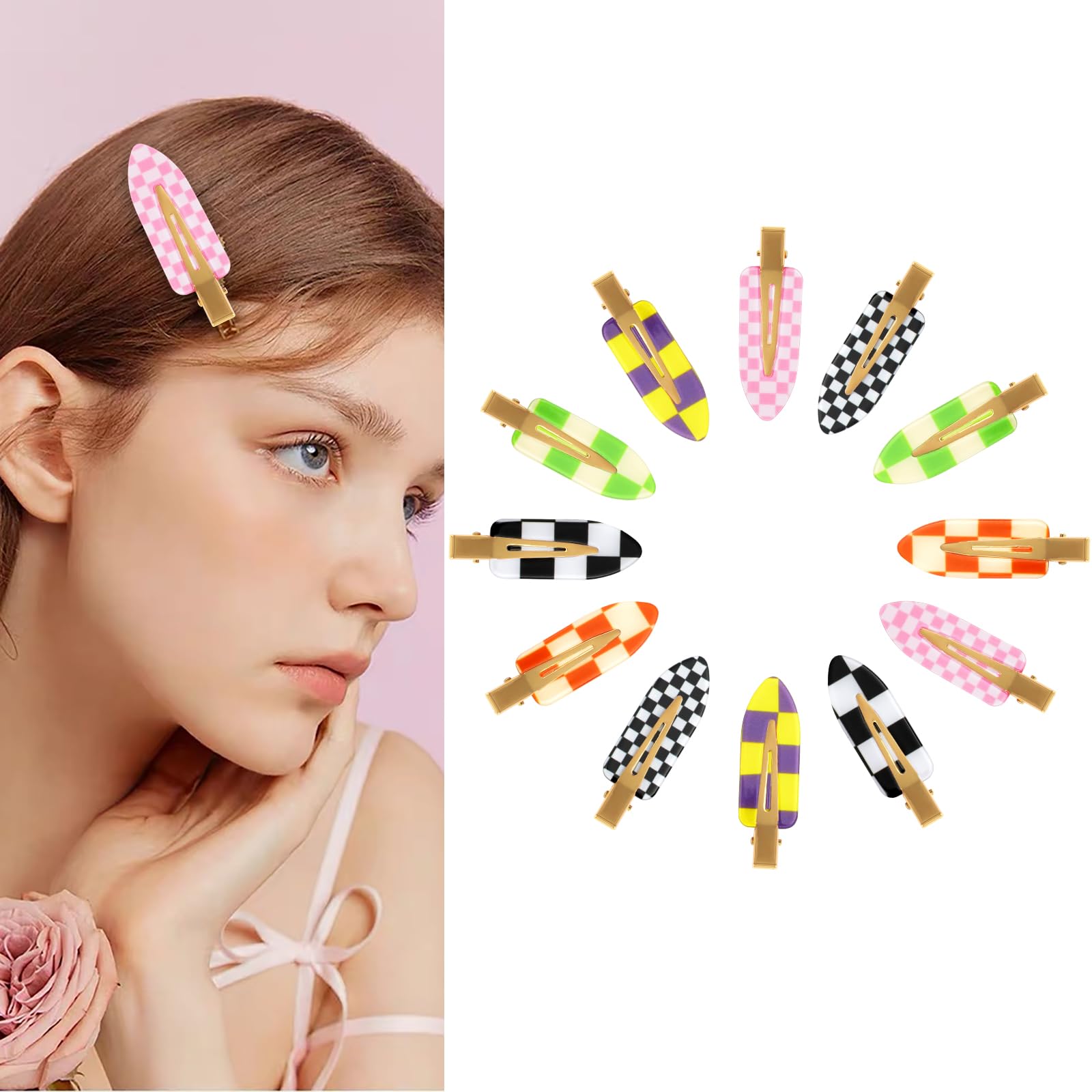 Checkered Hair Clips, 12Pcs No Bend Curl Pins, Multicolored Rectangle Y2K Hair Barrettes, Strong Hold Hair Accessories for Thin & Thick Hair