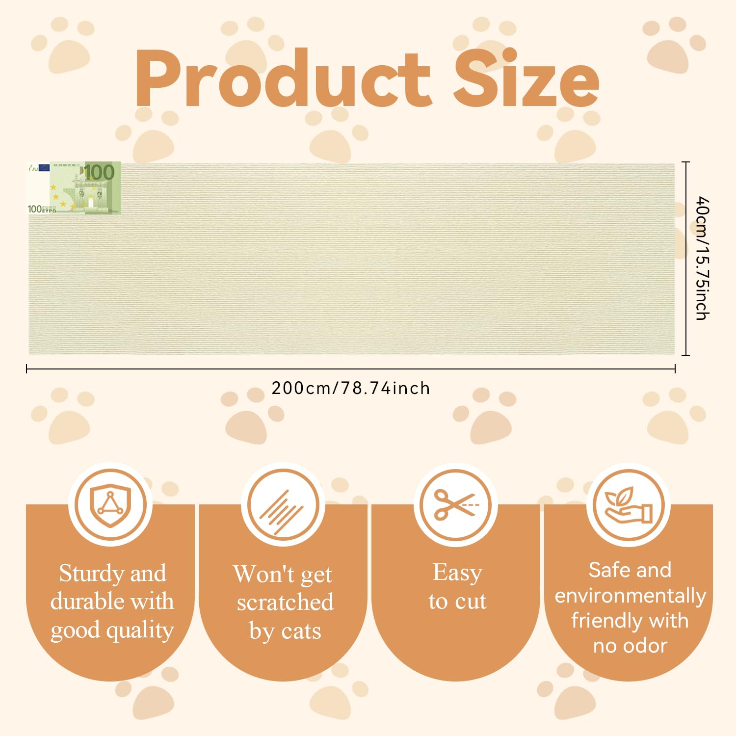 Protezione Divano Graffi Gatto, Tappeto Tiragraffi per Gatti Autoadesivo 200x40cm, Riutilizzabile e Tagliabile, Ideale per Divani, Mobili e Pareti, Tiragraffi divano, Sisal e Moquette (beige)