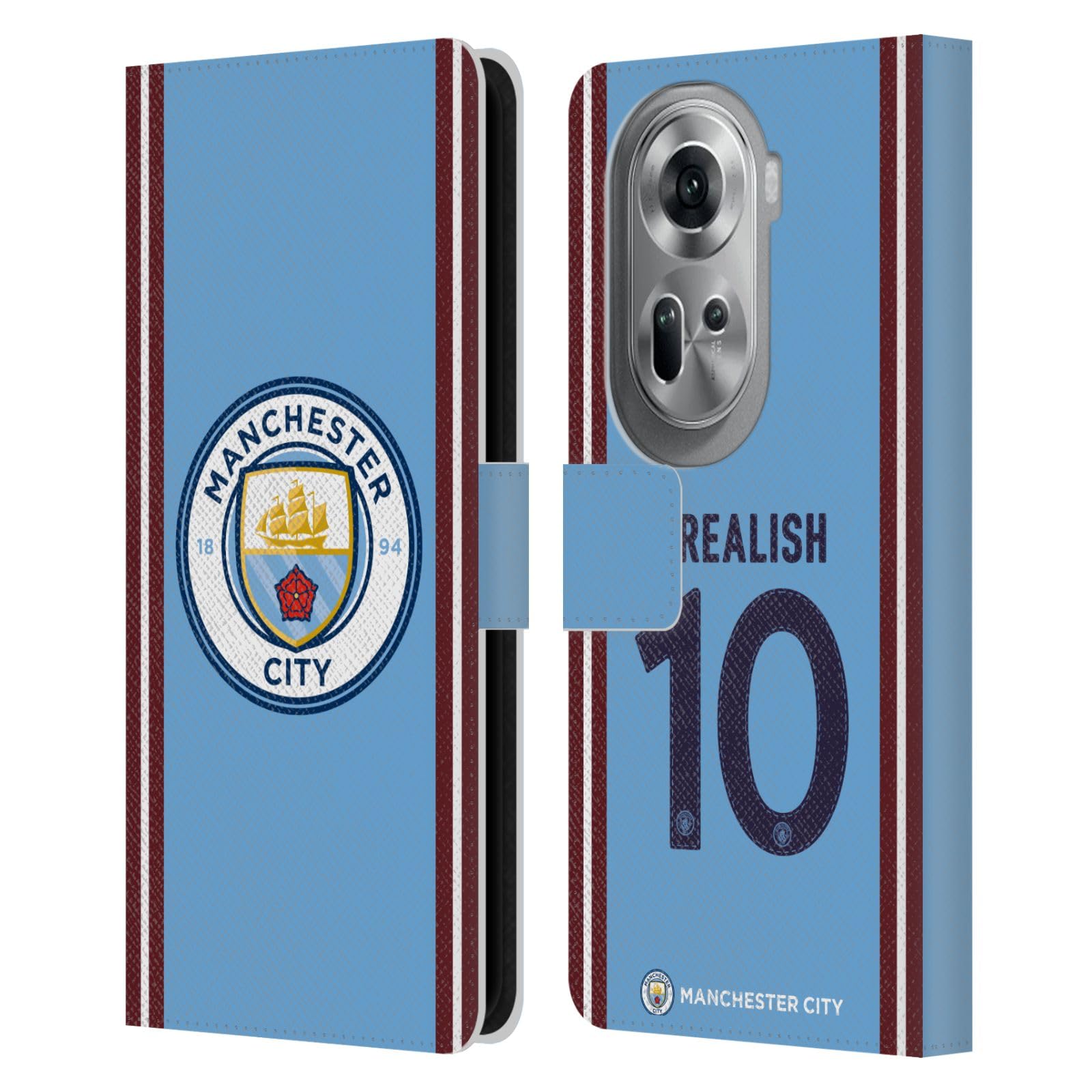 Head Case Designs Officially Licensed Manchester City Man City FC Jack Grealish 2022/23 Players Home Kit Leather Wallet Case Compatible with Oppo Reno11 Pro