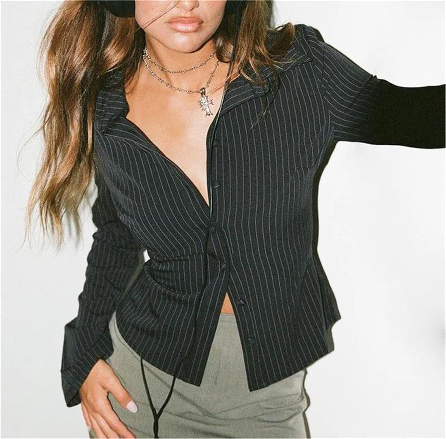 Women Long Sleeve Slim Button Up Shirt Solid Color Y2K Button Down Blouse Vintage Slim Fitted Collared Dressy Top - Image 2