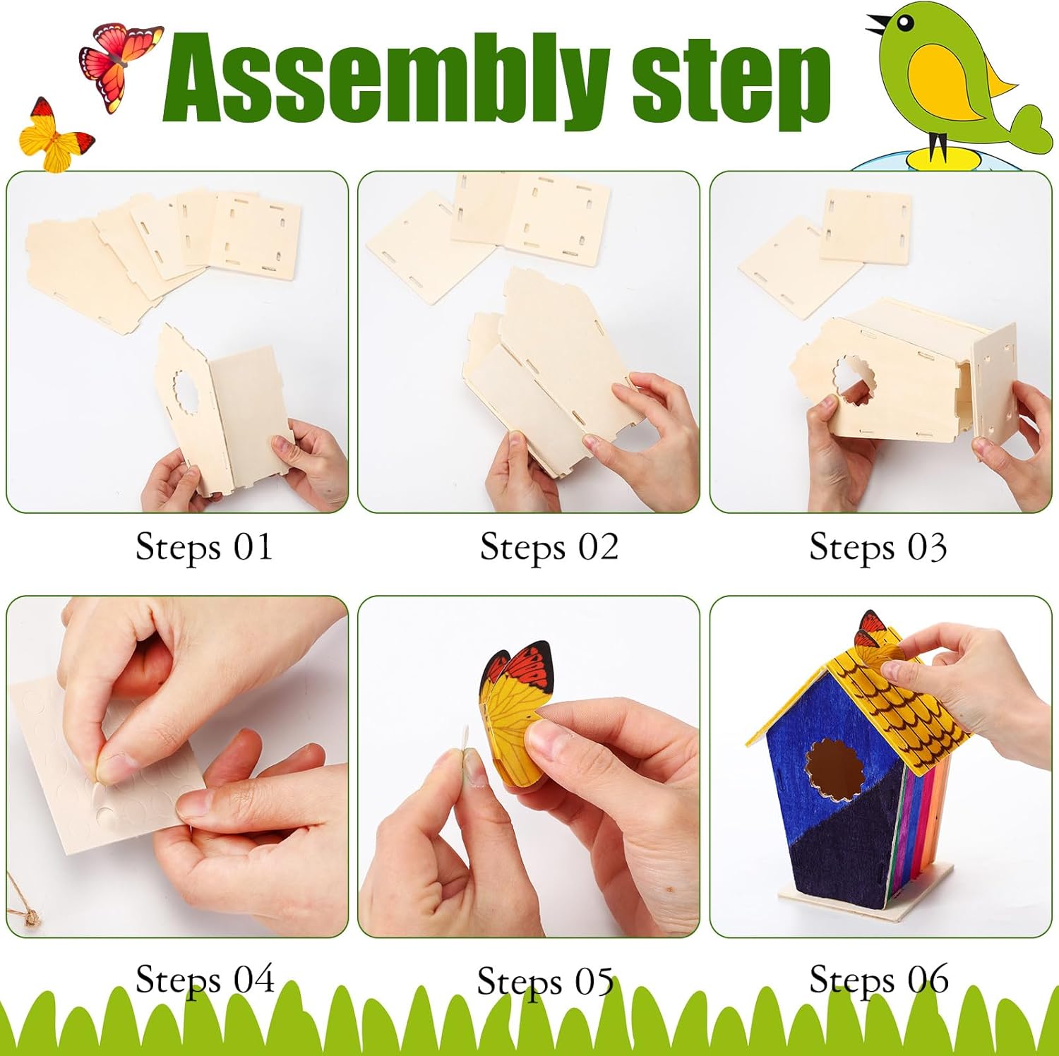 Outus 24 Pcs 5 × 7 Inch DIY Wooden Birdhouse Kit for Kids, Art Painting Bird House Craft Kit Unfinished Bird House Craft for Easter, Kids with Butterfly Sticker Gift 4 Shapes Summer Arts (Delicate)