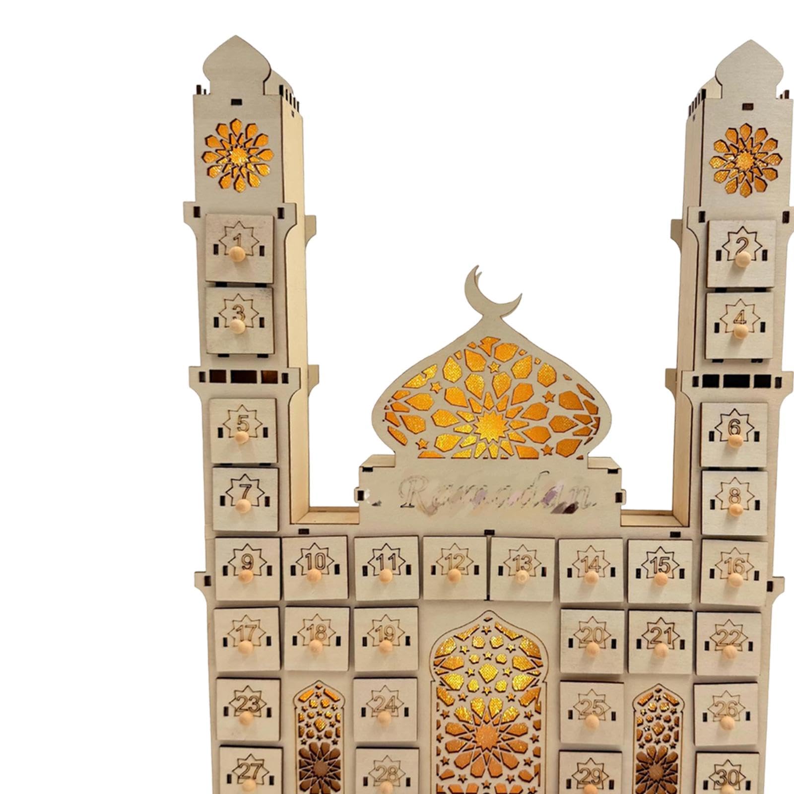Amagogo Ramadan-Adventskalender, hölzerner Eid-Mubarak-Adventskalender mit 30 Schubladen für Partyzubehör, Eid-Mubarak-Wohnzimmer, Zuhause