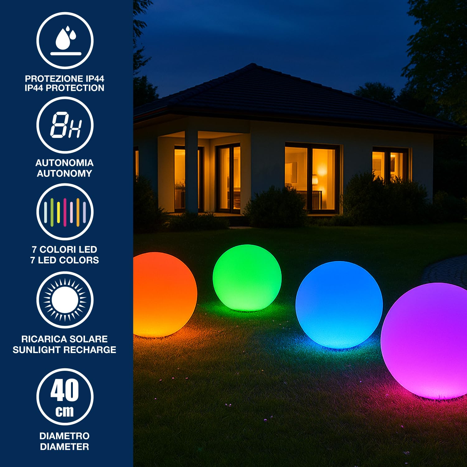 BEPER P207ILO226 Boule lumineuse pour jardin, LED RGB, lumière blanche et multicolore avec capteur crépusculaire, alimentation solaire, avec piquet pour extérieur, diamètre 40 cm.