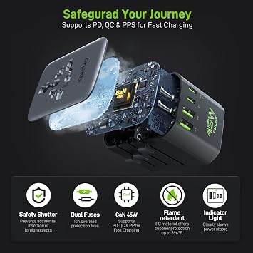 Epicka Pulse Duo 45W Universal Travel Adapter, International Power Adapter with PD & QC 3.0 Fast Charging for 2 Devices Simultaneously, European Travel Plug Adapter, Travel Essentials (Black)